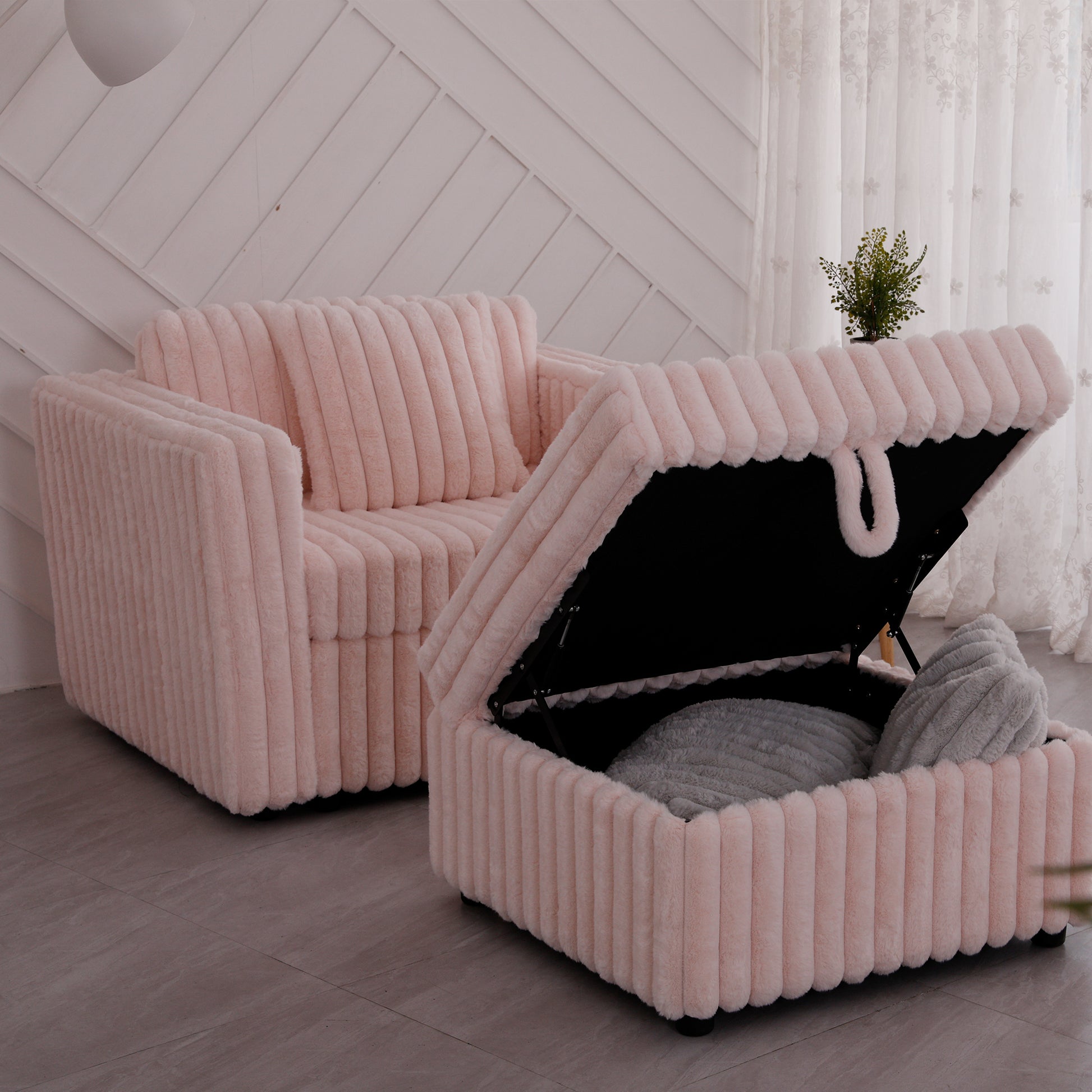 Pink plush storage ottoman with faux fur trim ideal for living rooms