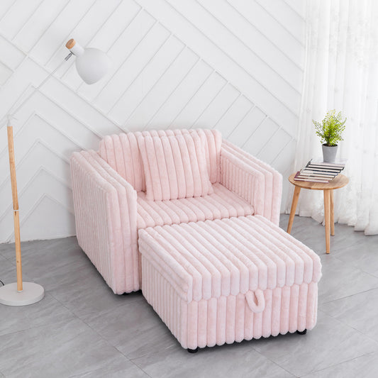 Plush pink corduroy armchair with matching ottoman perfect for cozy living rooms