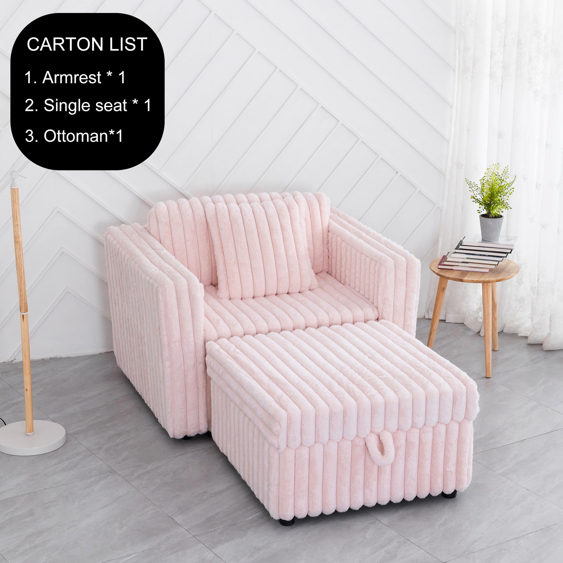 Plush pink corduroy accent chair with matching storage ottoman for modern living rooms