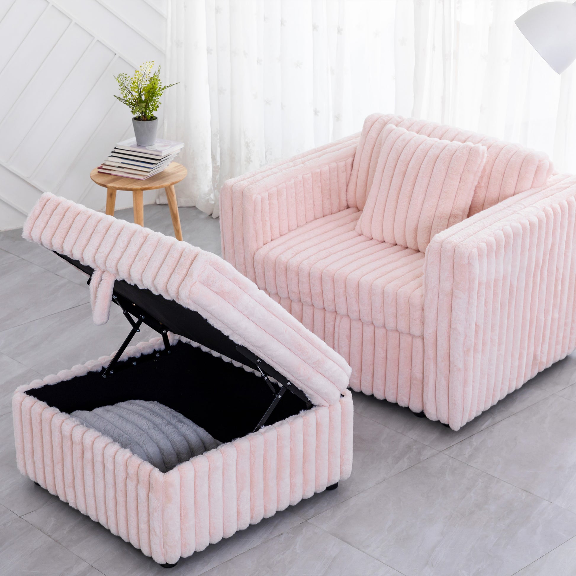 Plush pink storage ottoman with ribbed texture and lifttop for convenient home organization