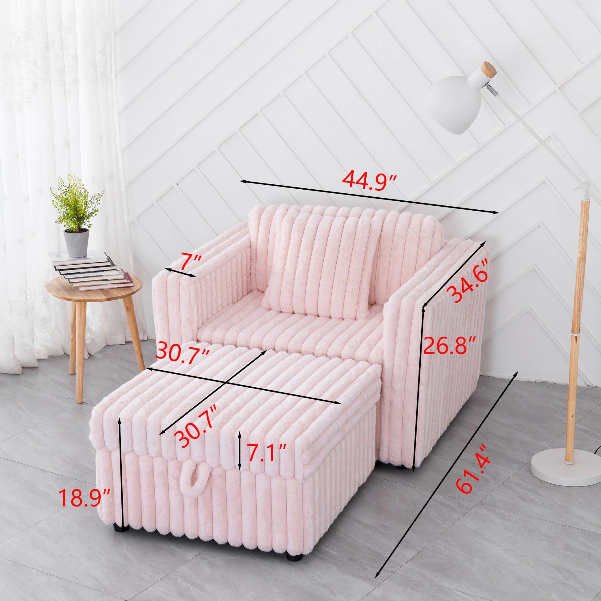 Plush pink armchair with matching ottoman featuring a ribbed texture and modern design