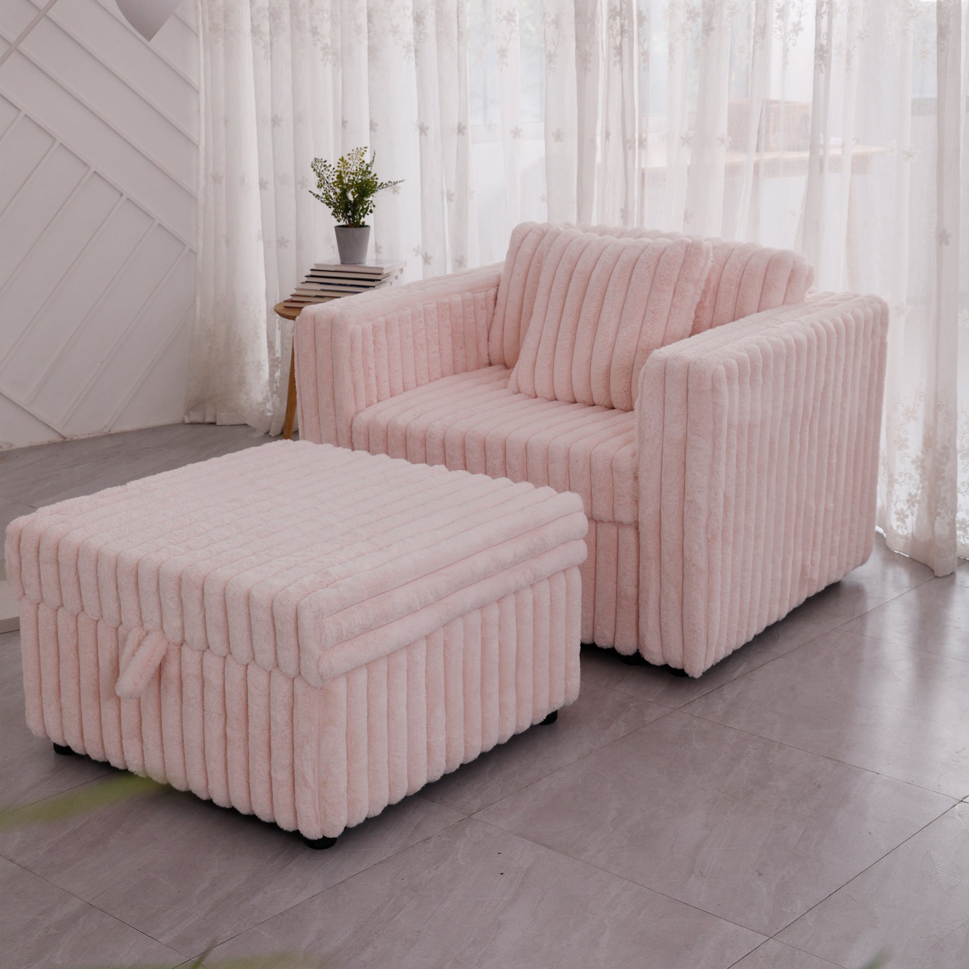 Plush pink corduroy accent chair with matching storage ottoman perfect for modern living rooms