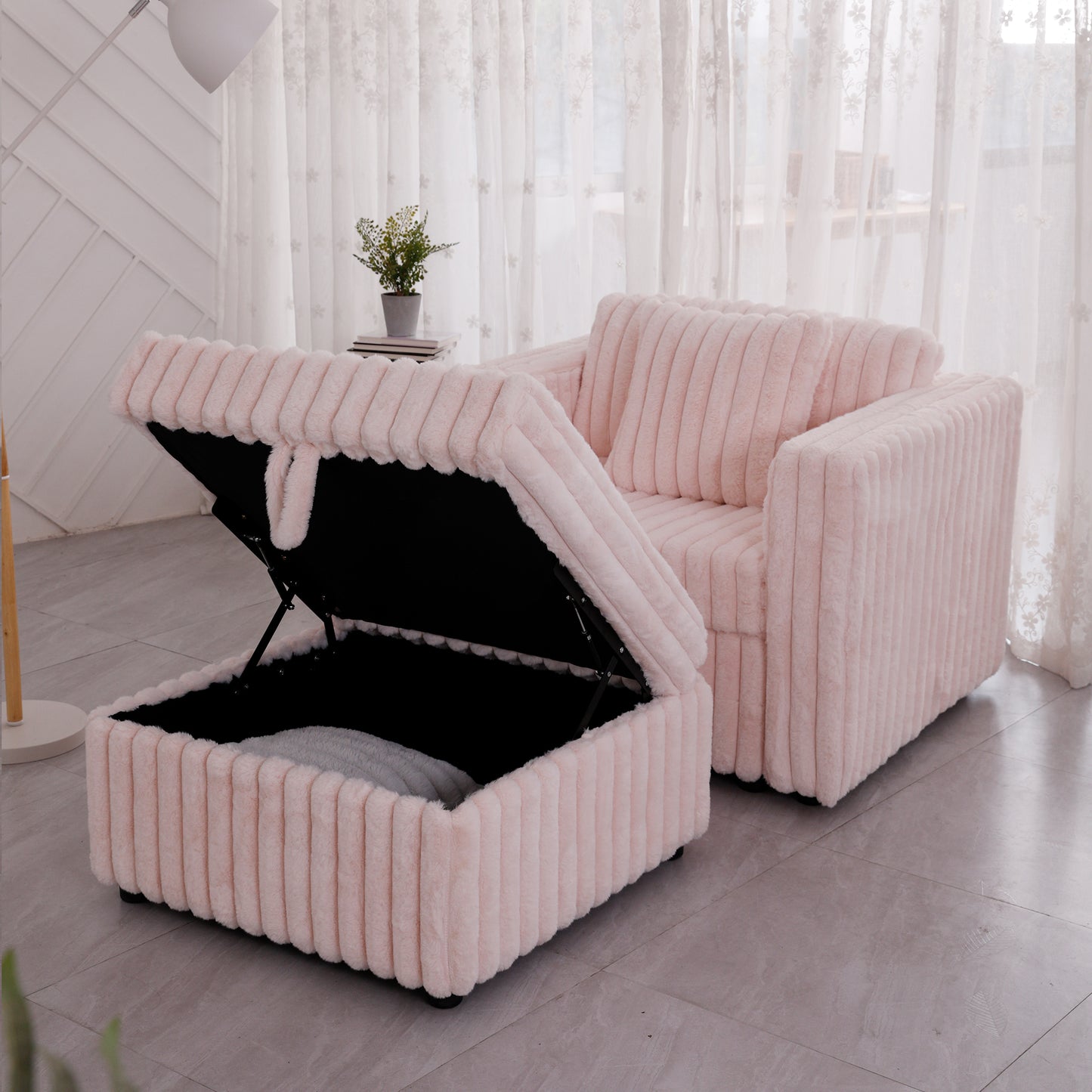 Pink plush ottoman with storage featuring vertical ribbing and a lifting lid