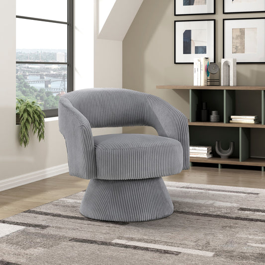 Plush grey swivel armchair with ribbed corduroy fabric for a cozy accent