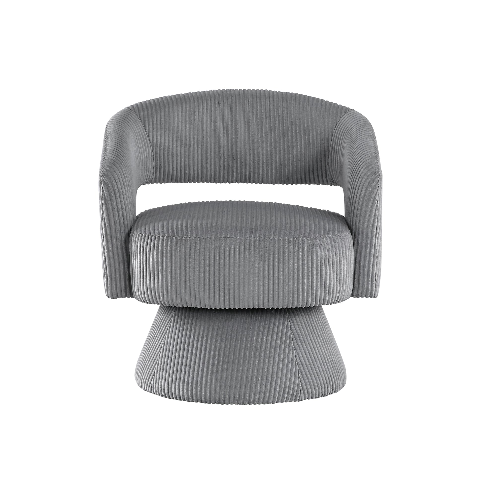 Gray corduroy accent chair with a swivel base and rounded design