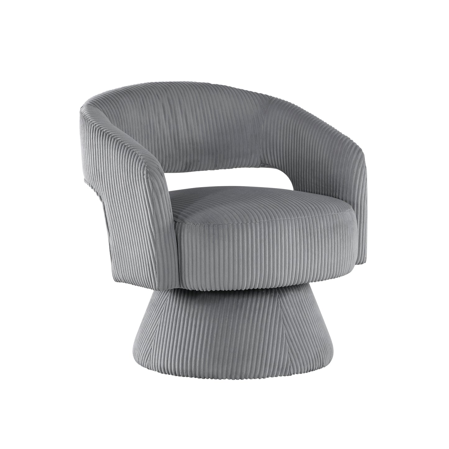 Gray corduroy accent chair with rounded back and swiveling base for living room comfort