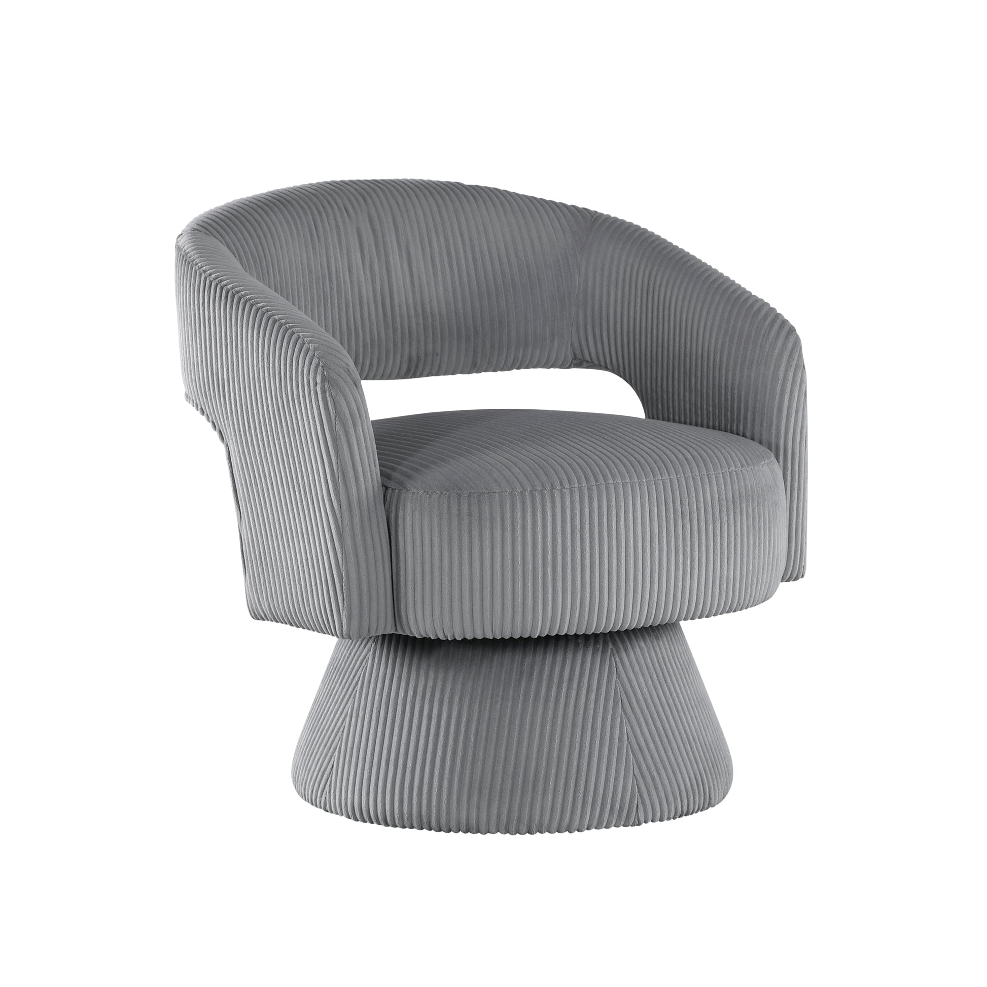 Gray corduroy accent chair with rounded back and swiveling base for living room comfort