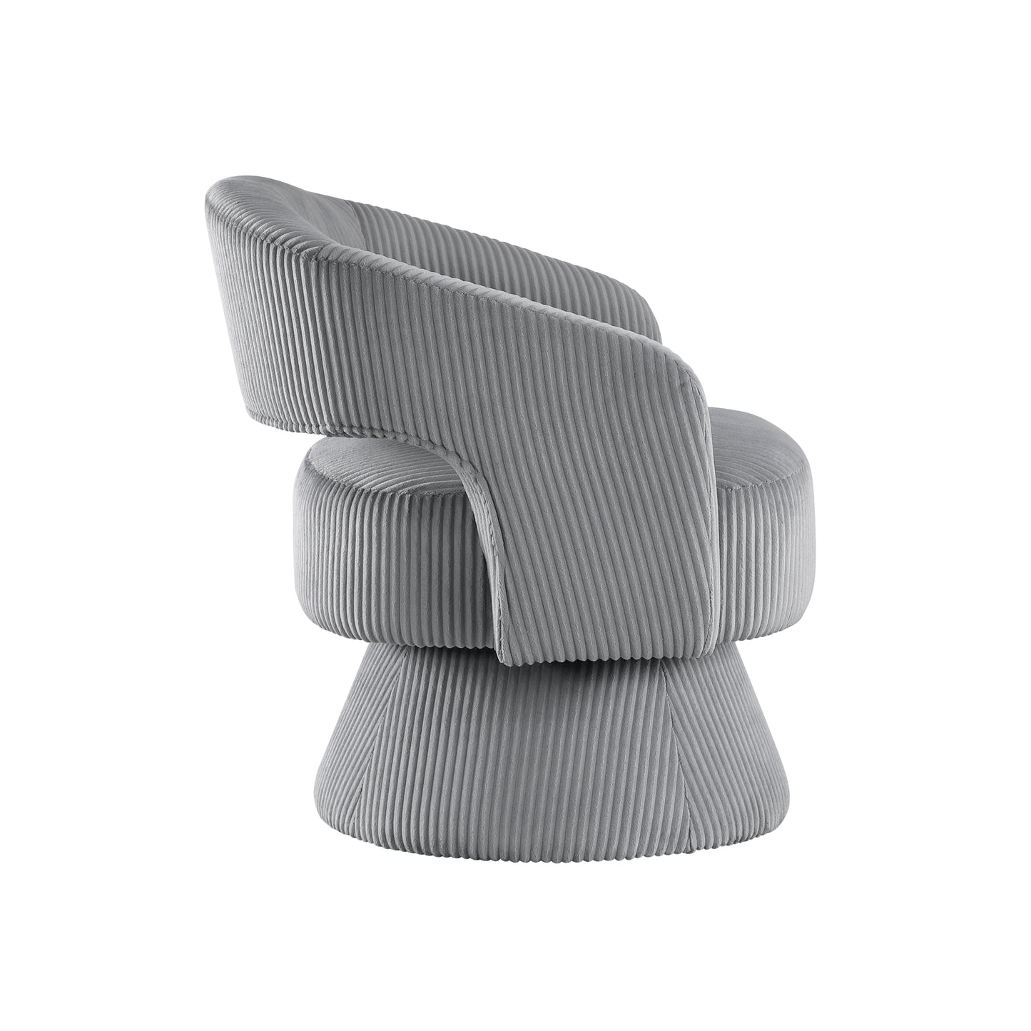 Modern grey swivel chair with textured corduroy upholstery and unique stacked base