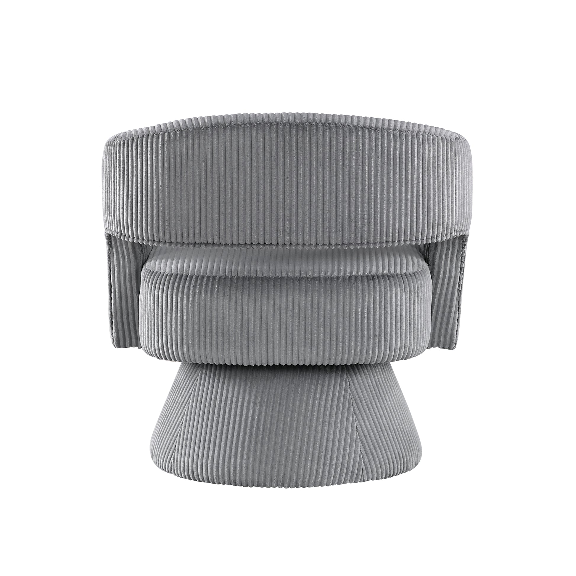 Plush gray corduroy swivel chair with rounded back and flared base
