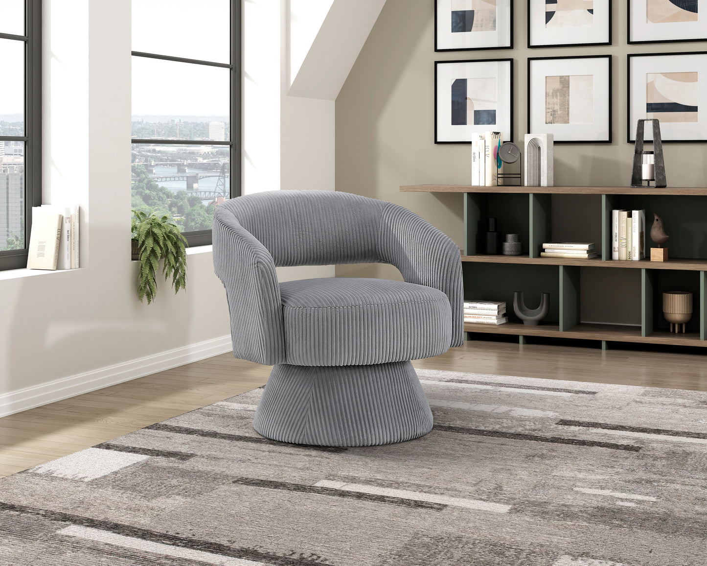 Grey corduroy swivel accent chair with plush cushioning and a modern silhouette