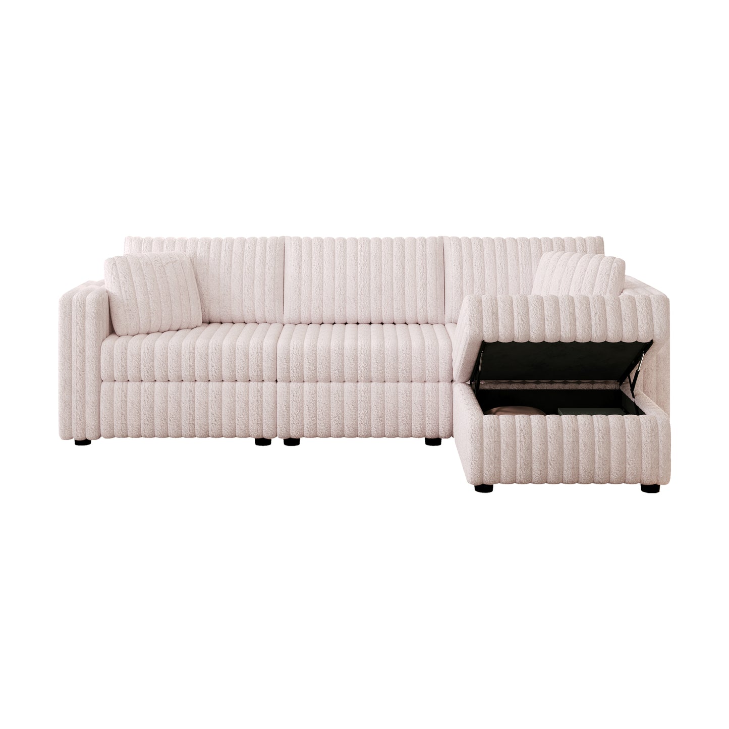 Light pink corduroy sectional sofa with hidden storage in the chaise lounge modern design