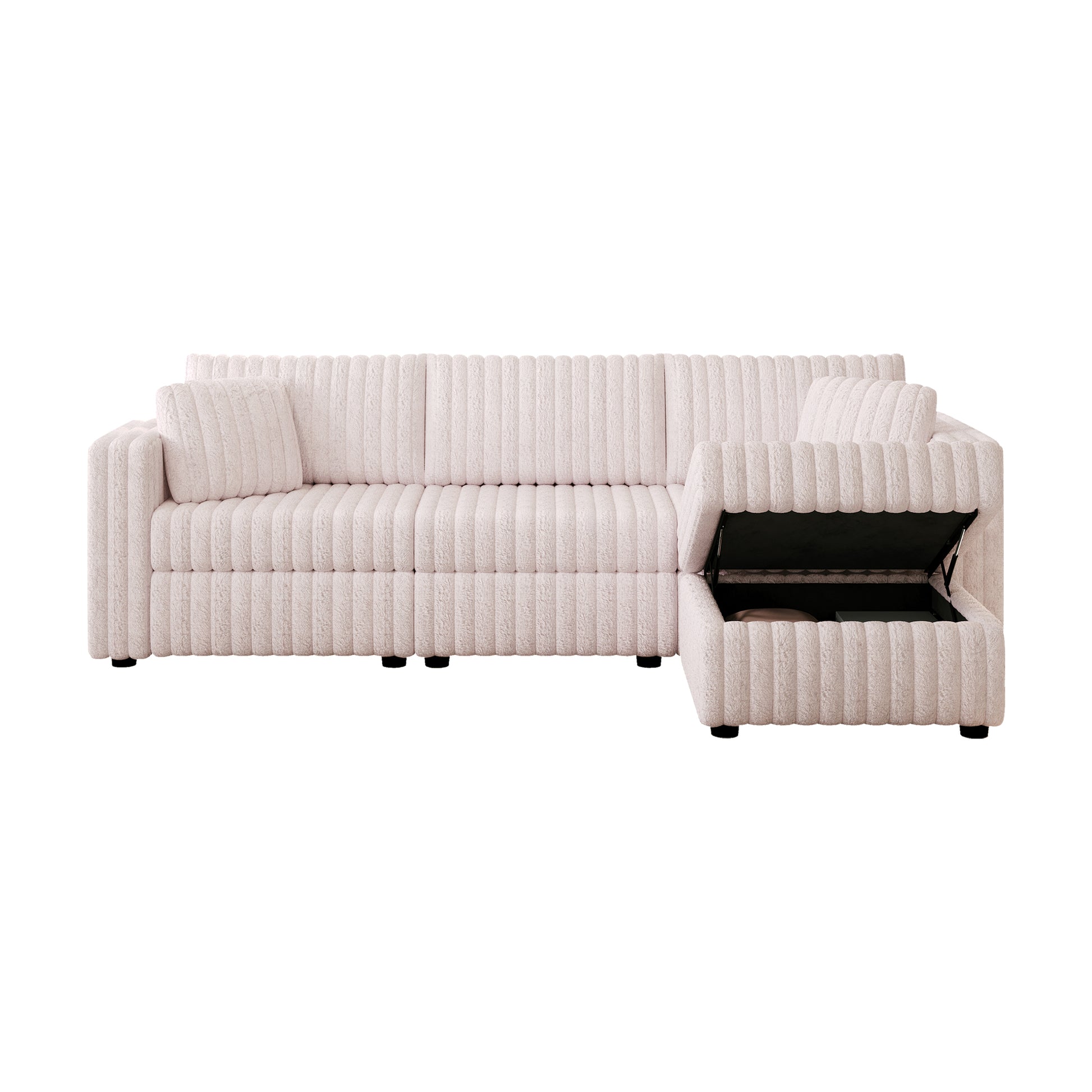 Light pink corduroy sectional sofa with hidden storage in the chaise lounge modern design