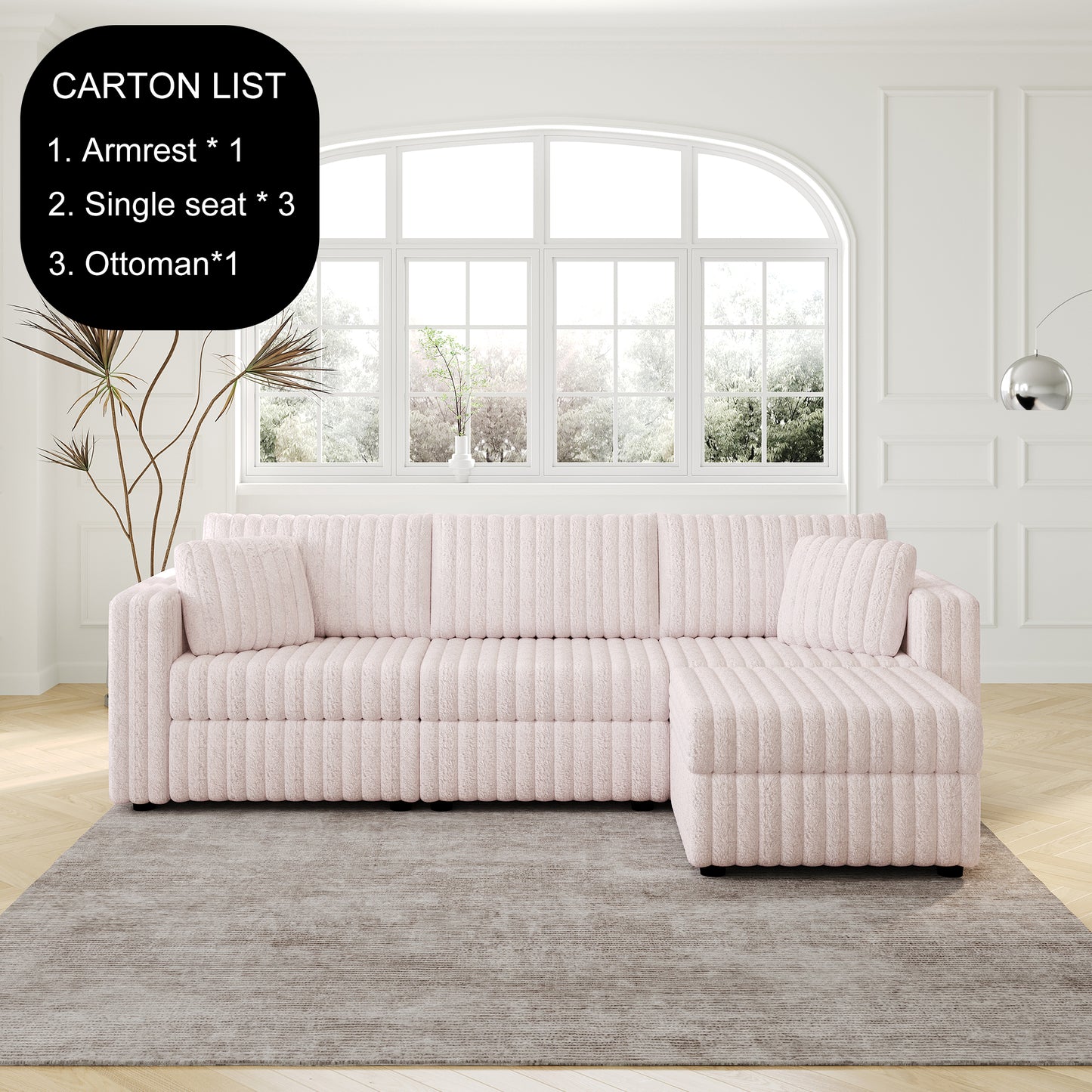 Pink plush sectional sofa with ribbed texture and attached ottoman for comfortable living rooms