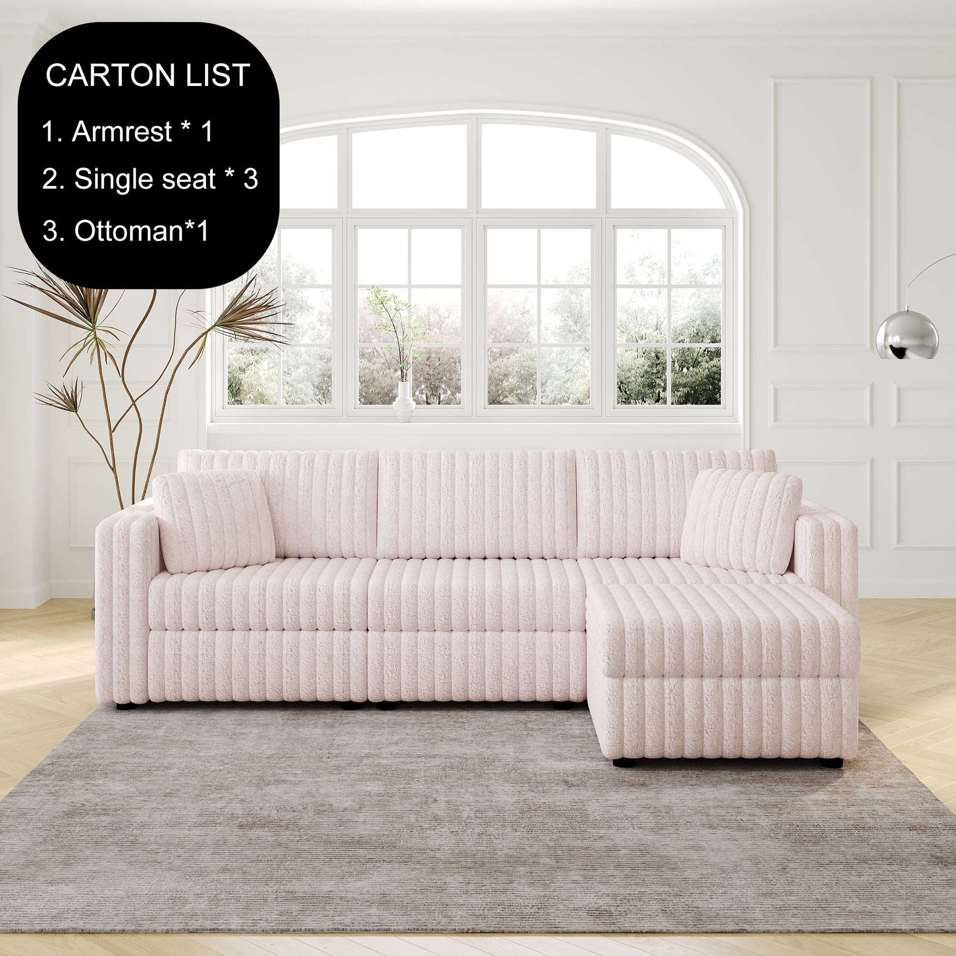 Pink plush sectional sofa with ribbed texture and attached ottoman for comfortable living rooms