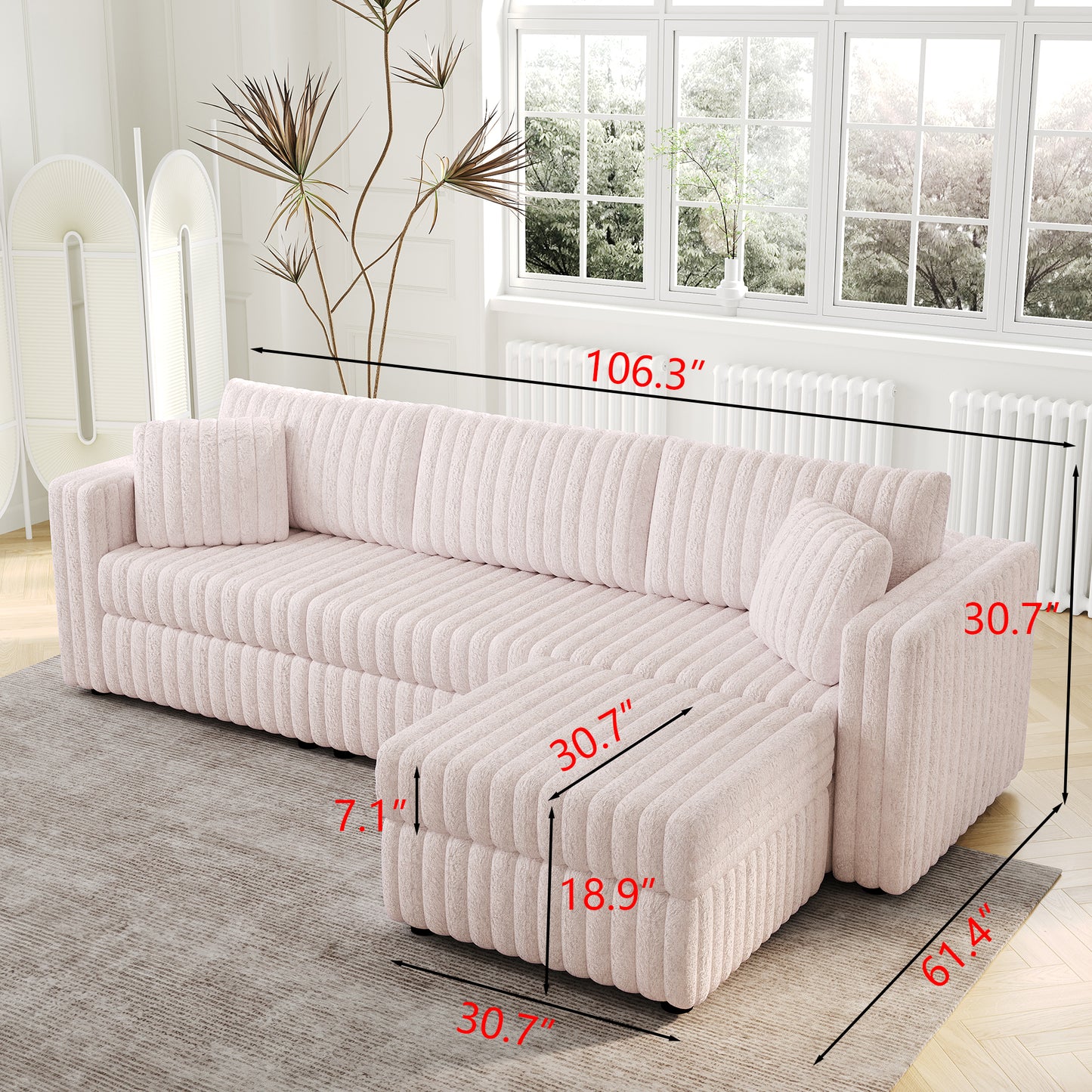 Plush pink sectional sofa with textured upholstery and a chaise lounge perfect for modern living rooms