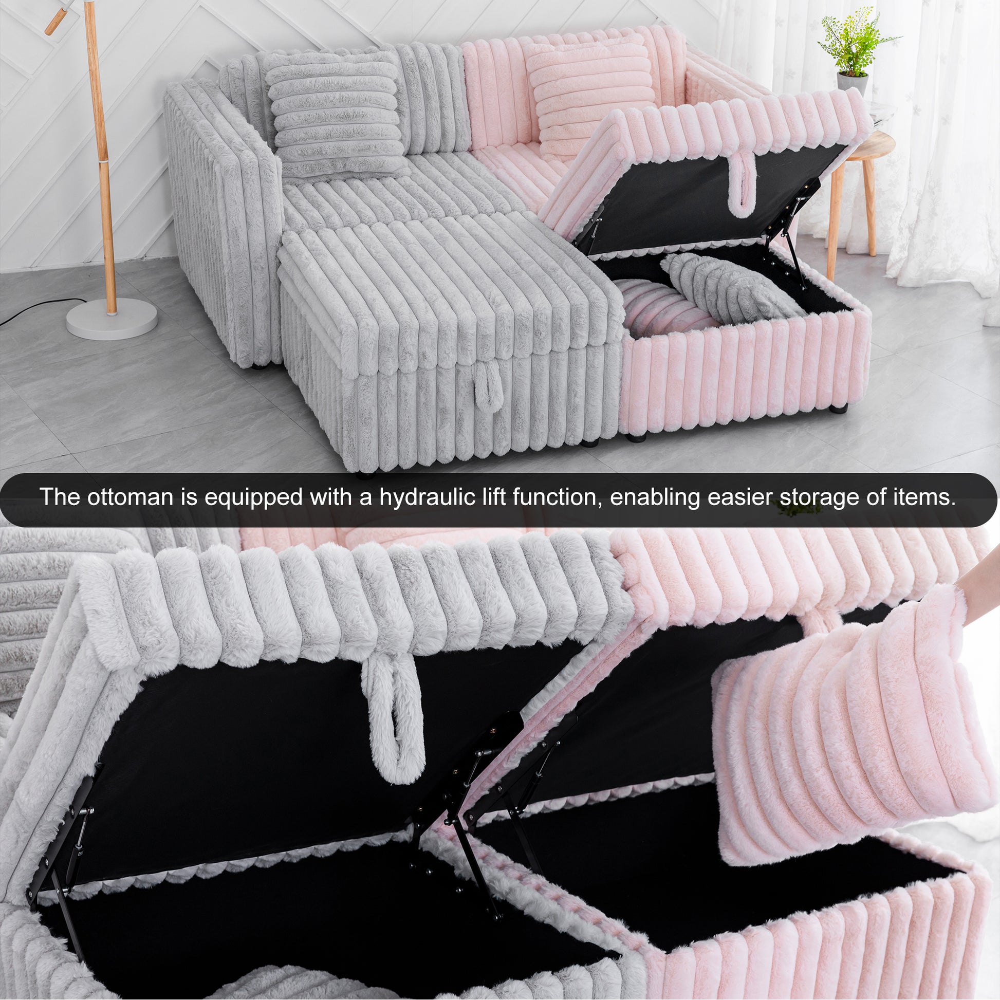 Plush grey modular sofa with hidden storage ottoman perfect for modern living rooms
