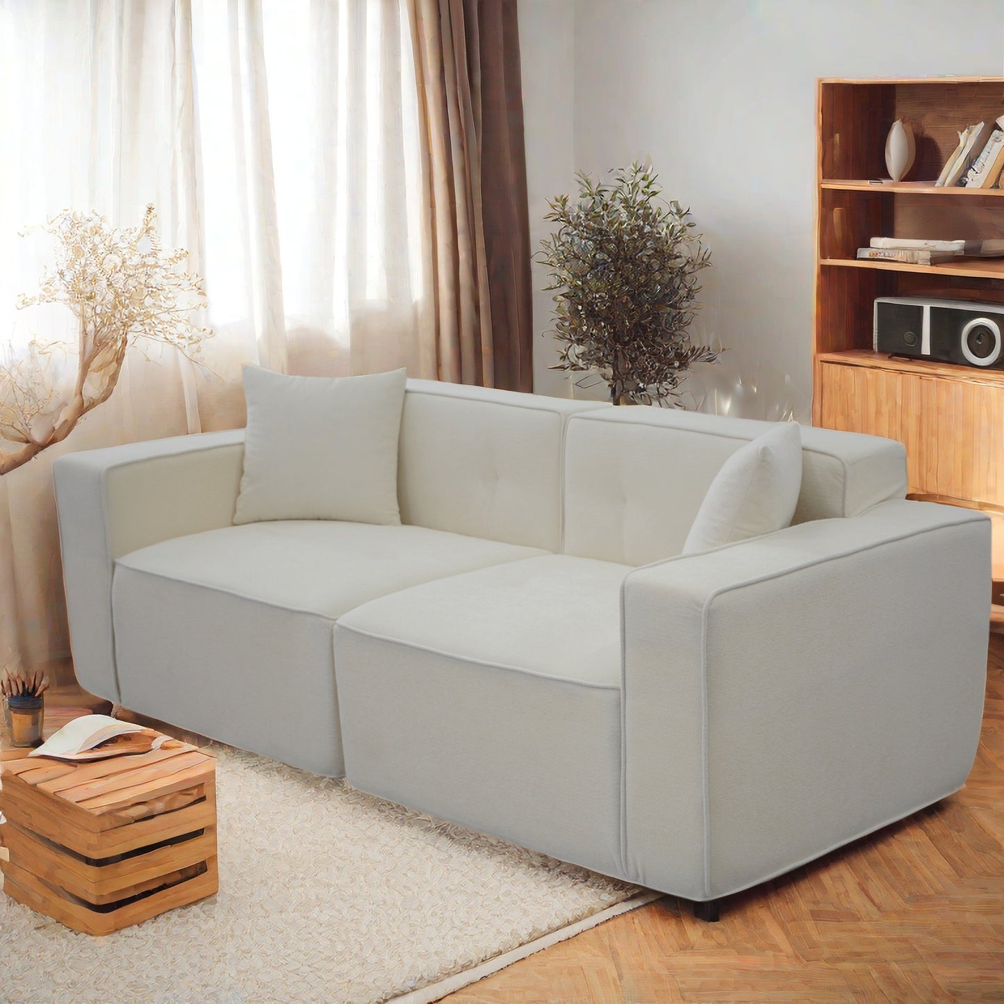 Modern sectional sofa in offwhite fabric with clean lines and button tufting