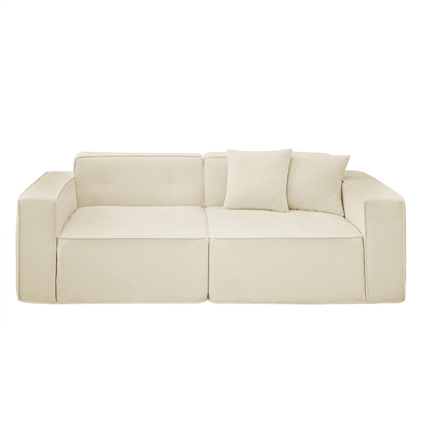 Cream boucle fabric modular sofa with two decorative pillows modern style