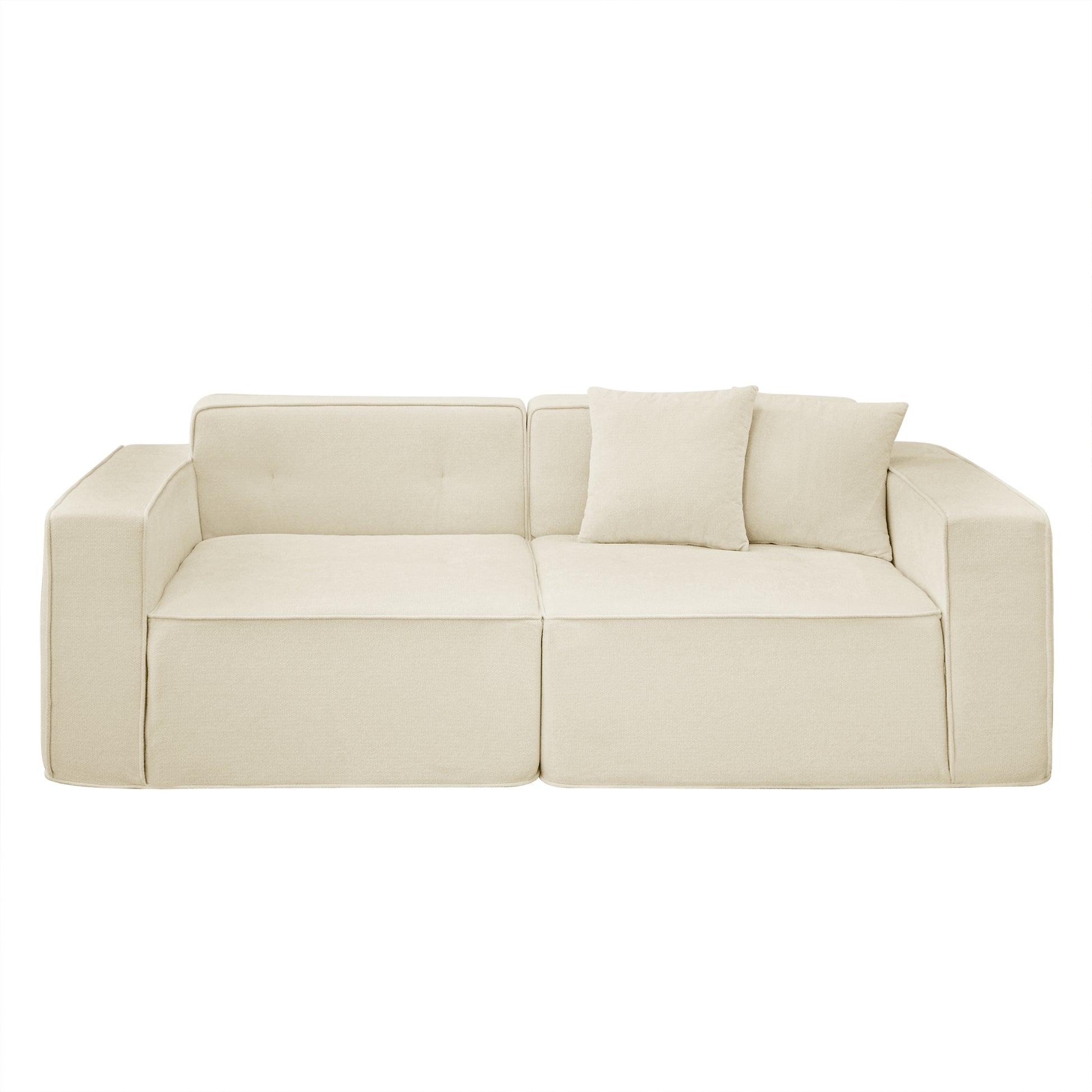 Cream boucle fabric modular sofa with two decorative pillows modern style