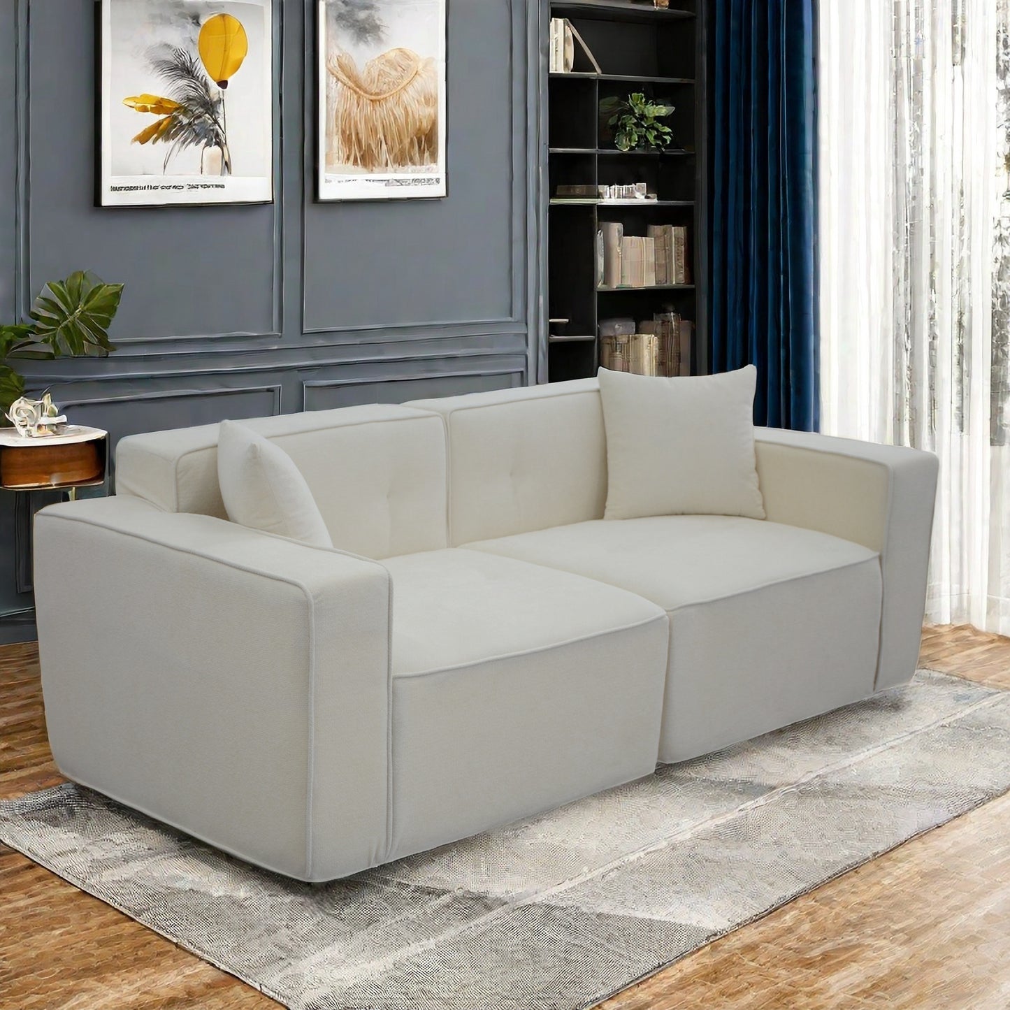 Modern cream fabric modular sofa with clean lines and button tufting perfect for contemporary living rooms