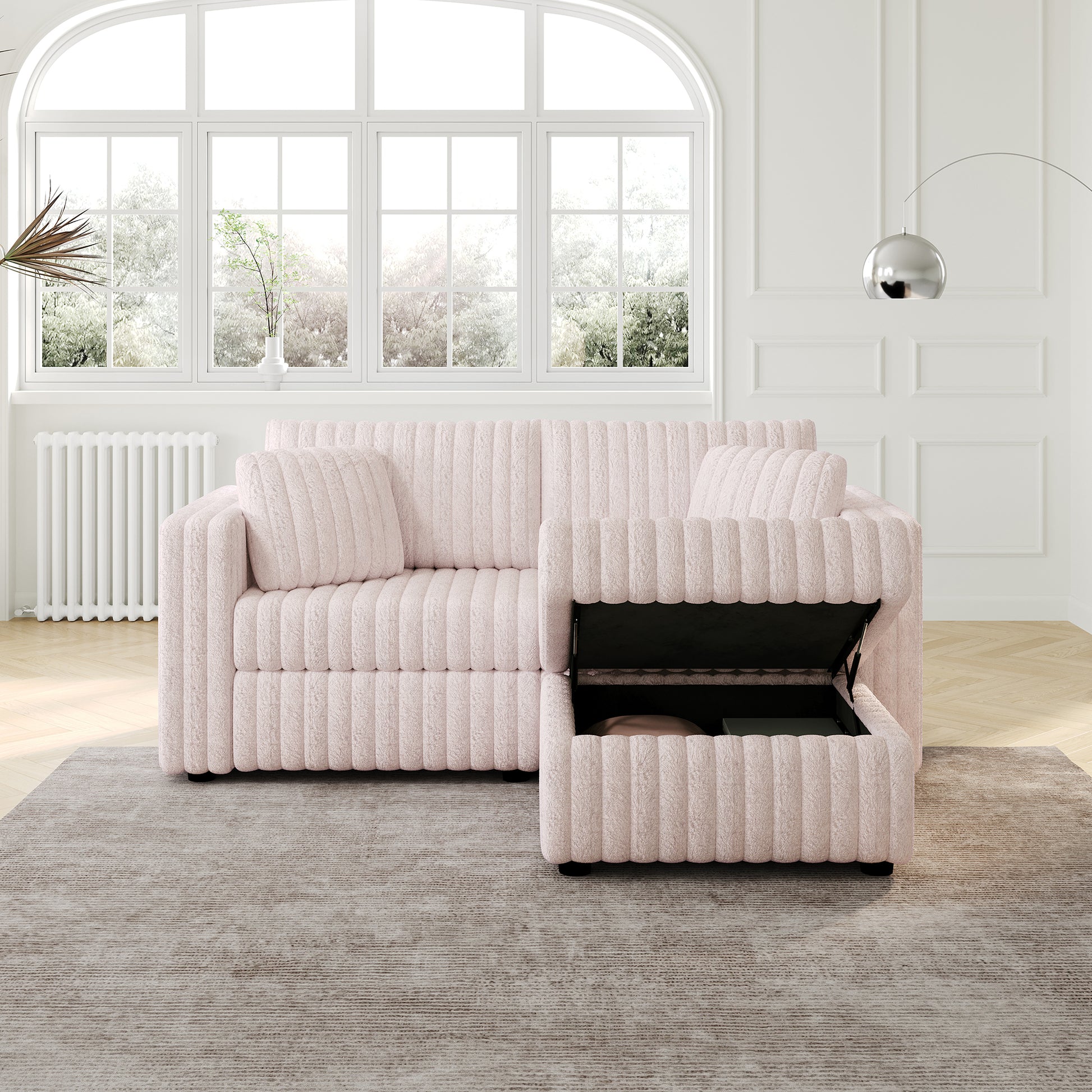 Soft pink channel tufted sofa with hidden storage ottoman for modern living rooms