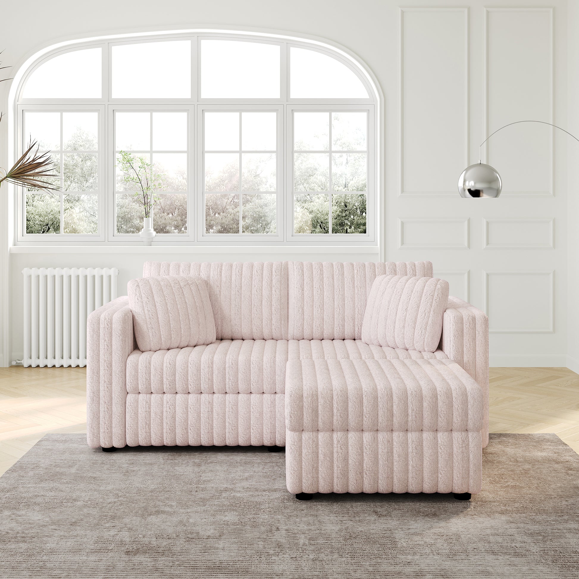 Plush pink chenille sectional sofa with vertical ribbed texture perfect for modern living rooms