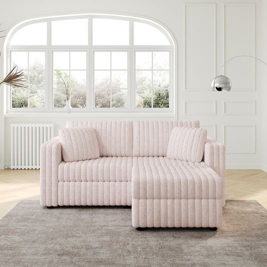Plush pink chenille sectional sofa with vertical ribbed texture perfect for modern living rooms