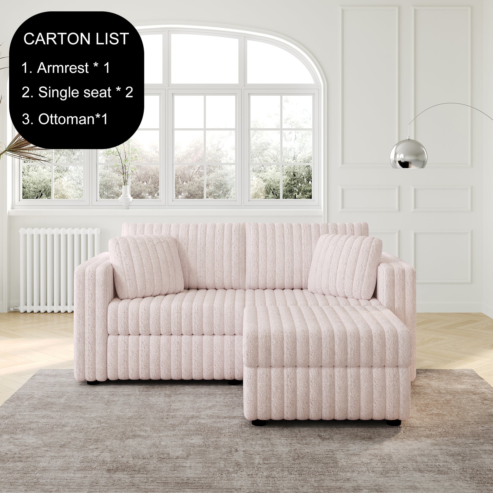 Plush pink sectional sofa with ribbed texture and matching throw pillows perfect for a cozy living room