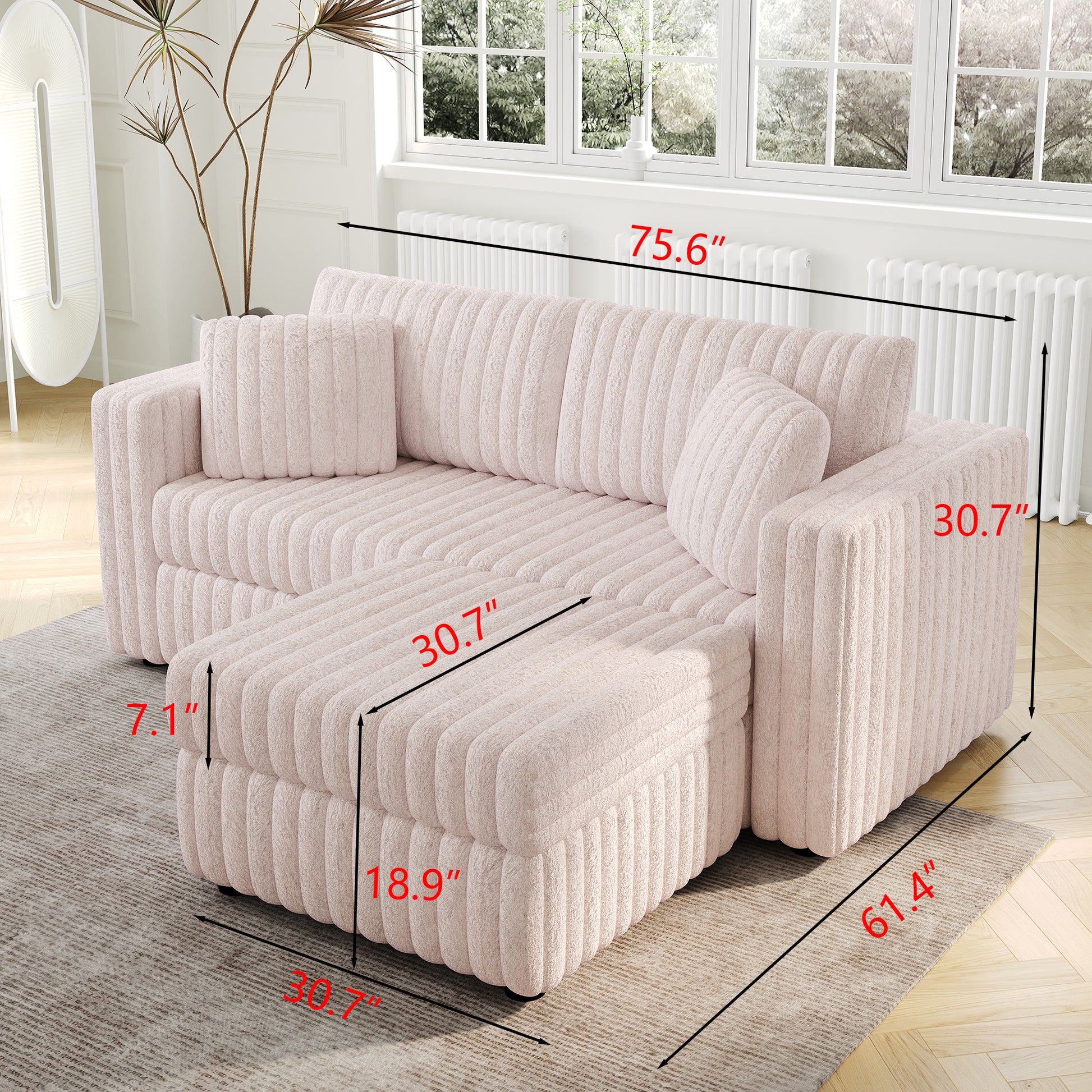Soft pink corduroy sectional sofa with plush cushions perfect for a cozy living room