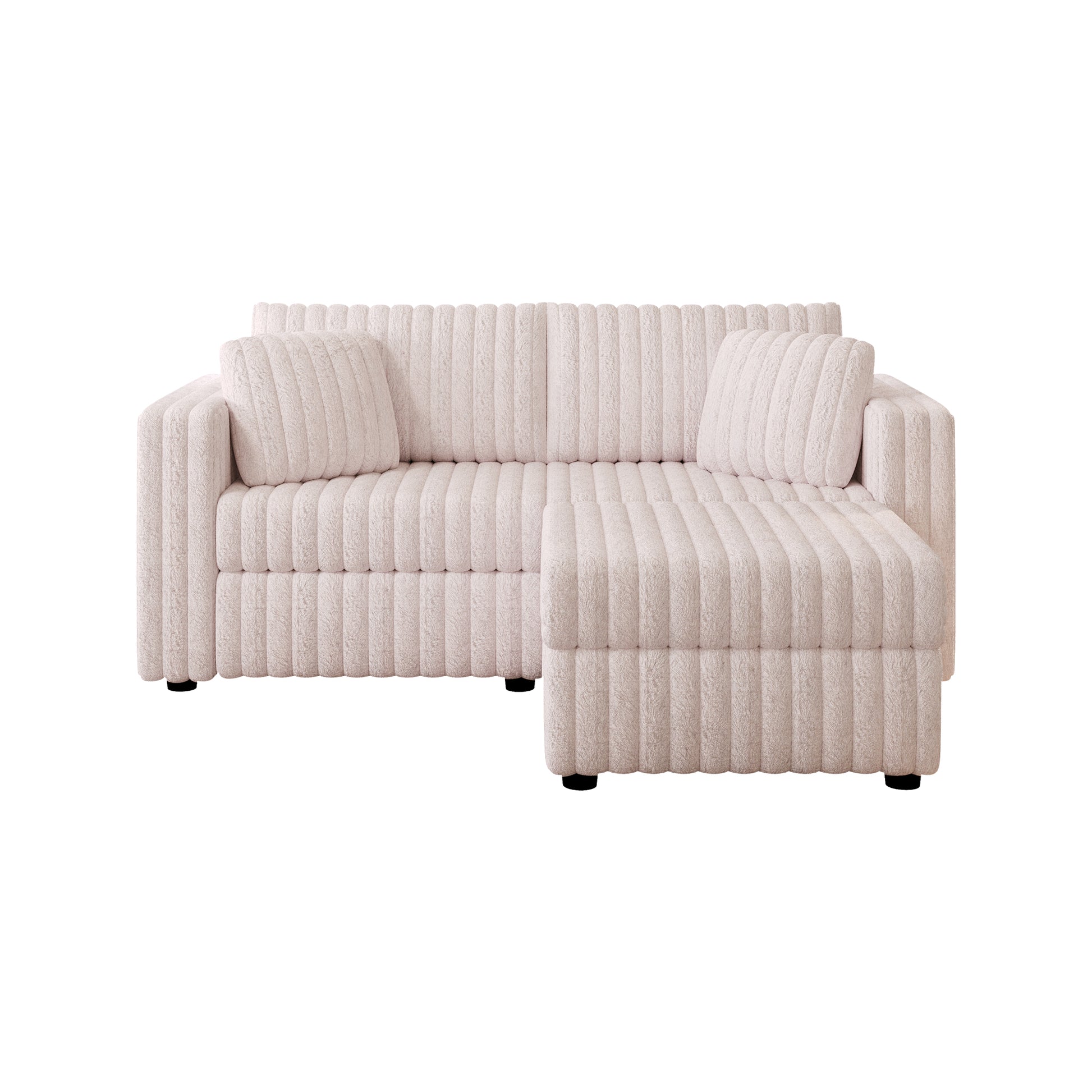 Plush cream corduroy sectional sofa with two accent pillows modern living room furniture
