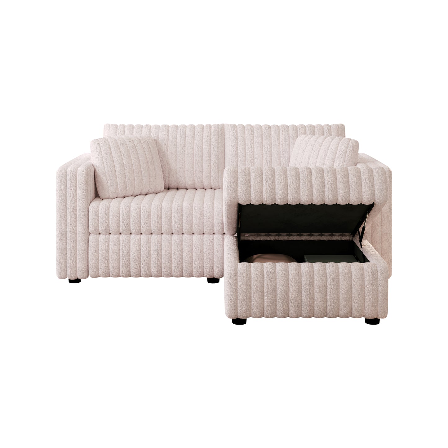 Plush pink sectional sofa with builtin storage and textured upholstery
