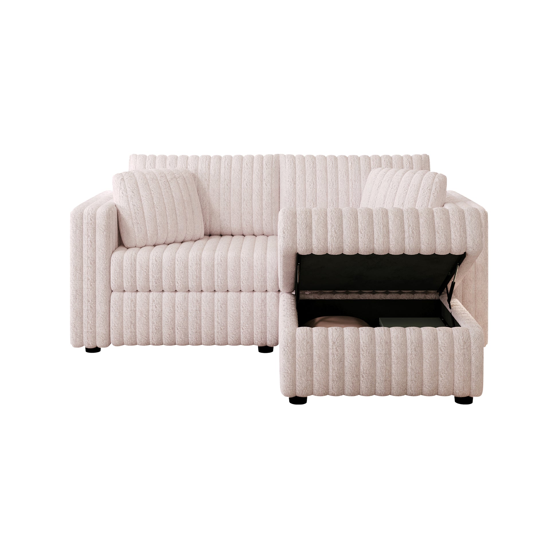 Plush pink sectional sofa with builtin storage and textured upholstery