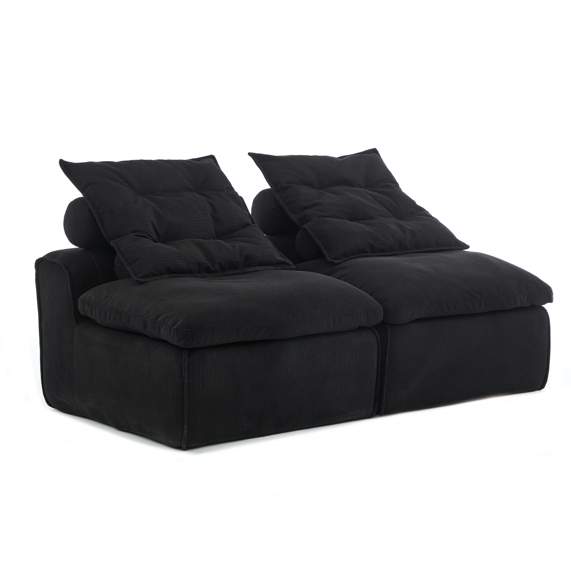 Plush black corduroy modular sofa with deep seats and tufted back cushions