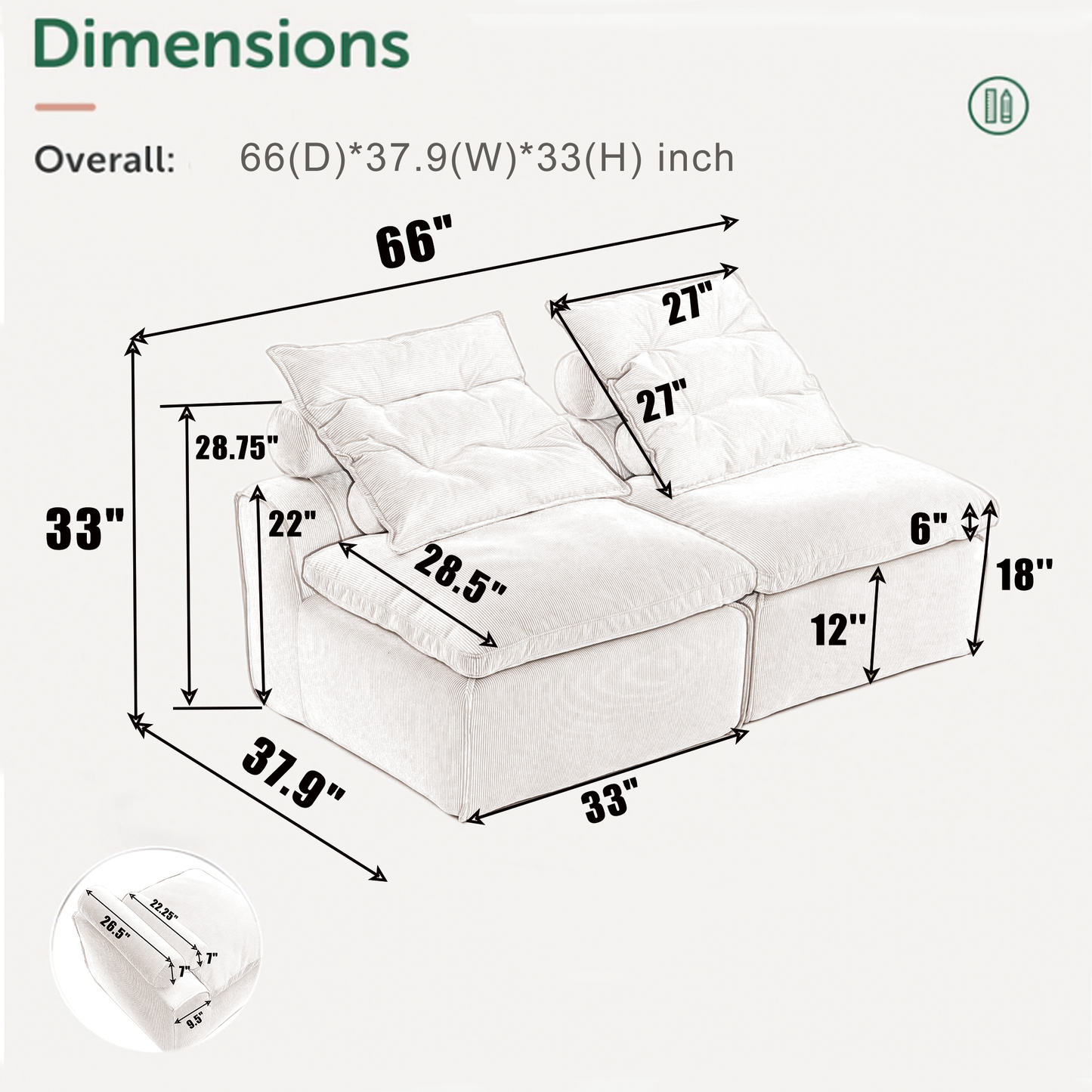 Diagram showing dimensions of a plush sectional sofa  inches wide