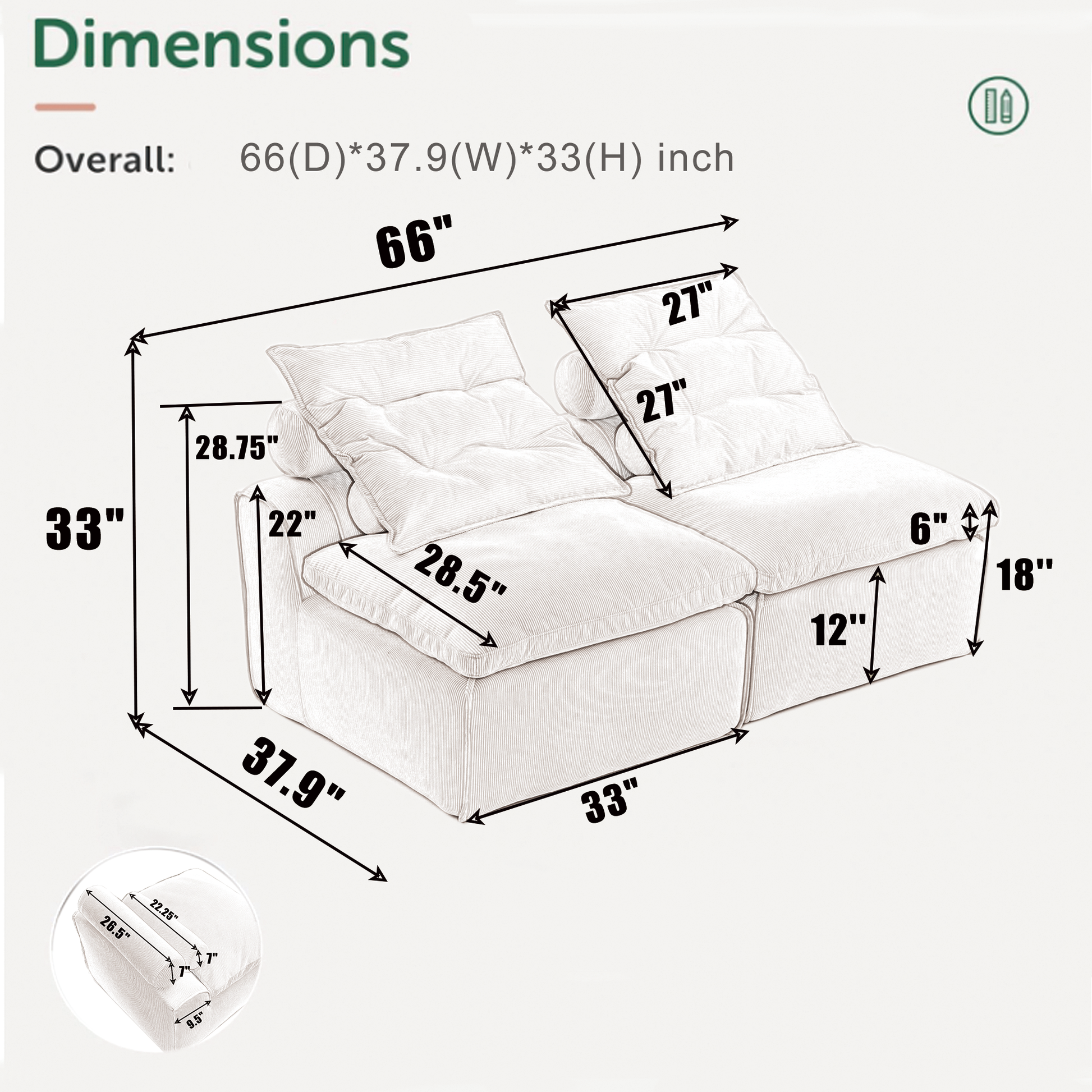 Diagram showing dimensions of a plush sectional sofa  inches wide