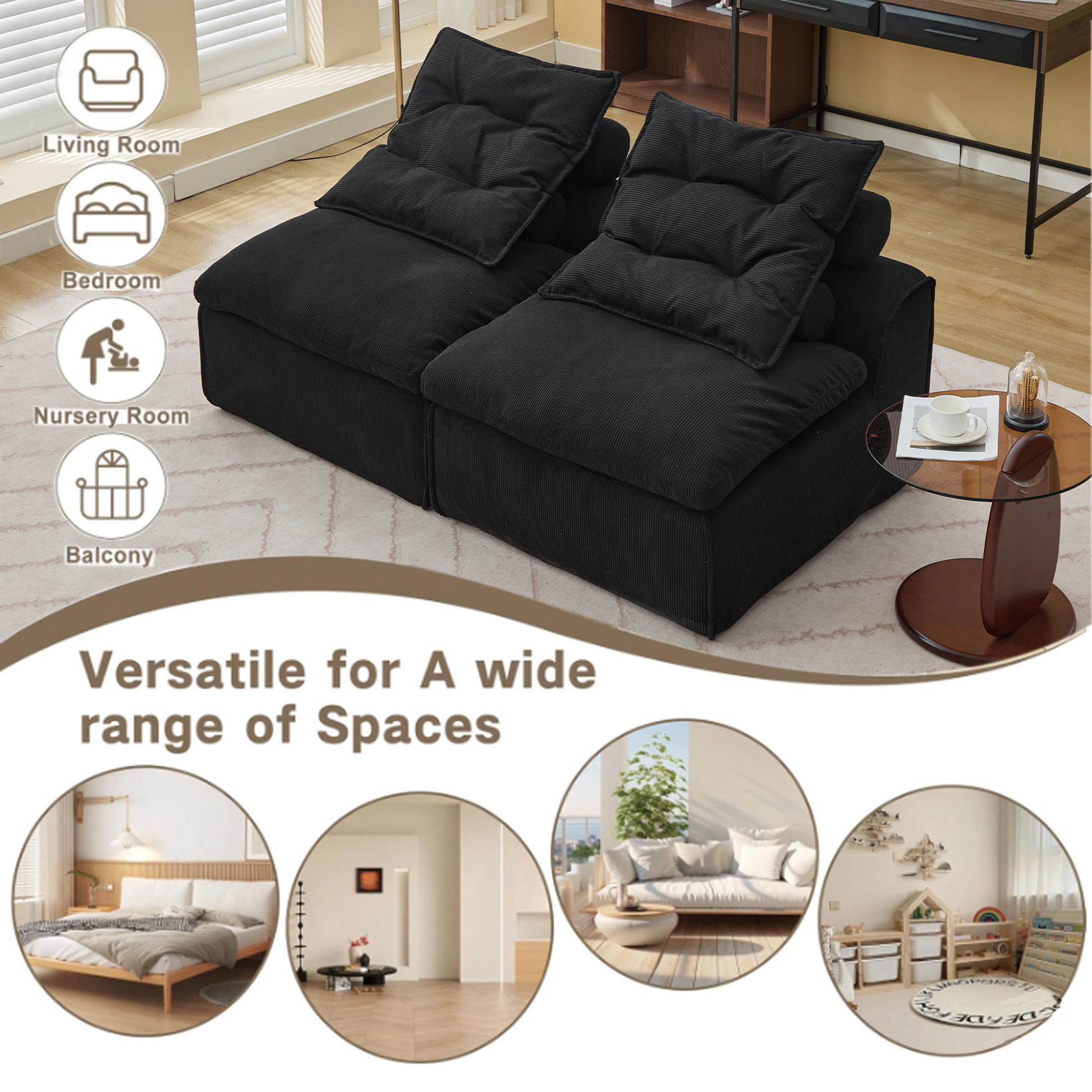 Black corduroy sectional sofa with plush cushions ideal for a modern living room