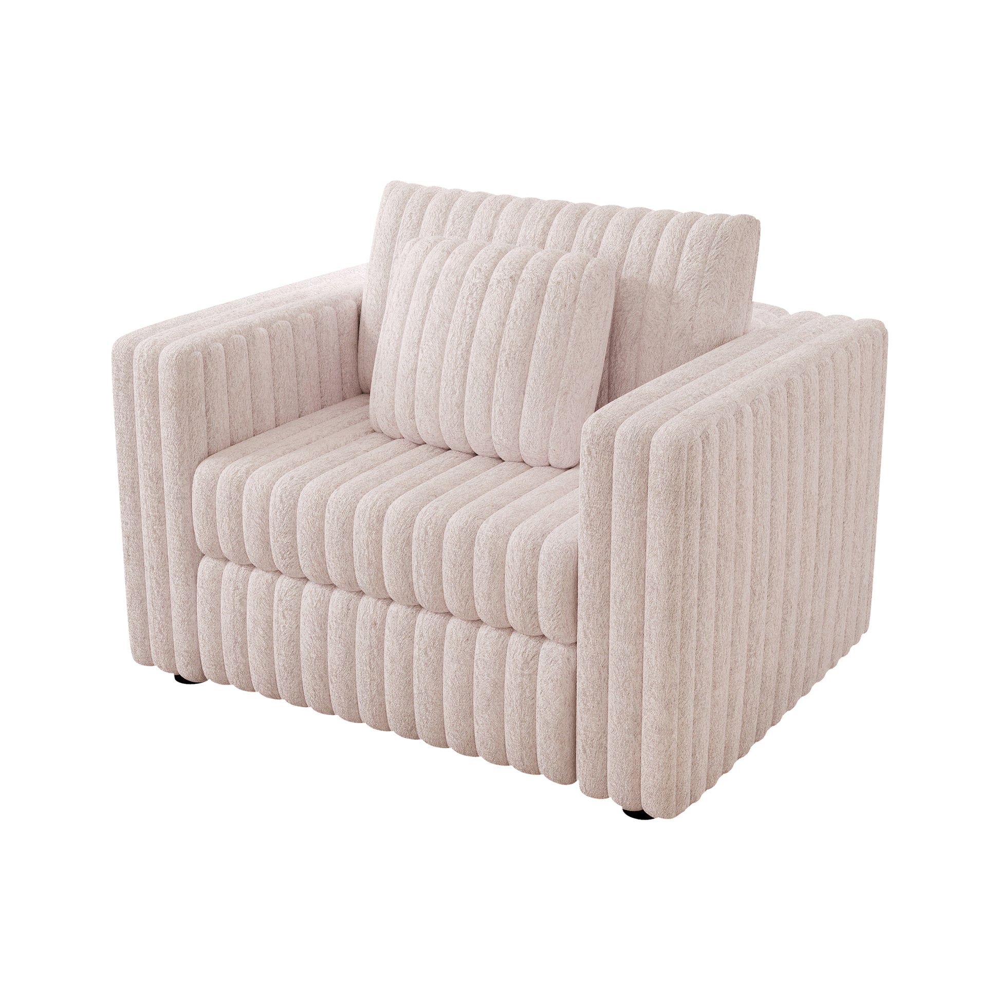 Plush cream accent chair with vertical channel tufting and a matching throw pillow