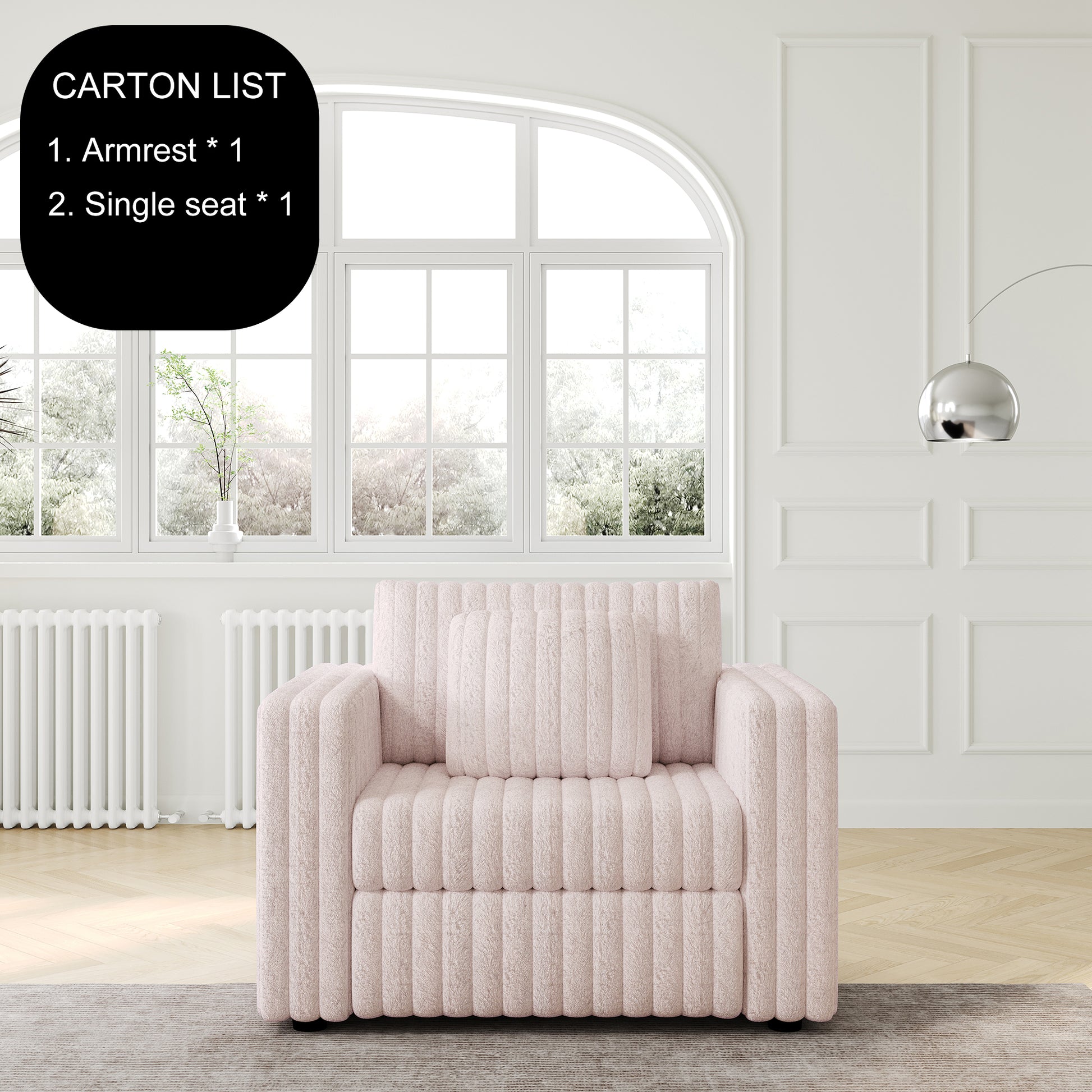 Single seater armchair in soft pink boucle fabric with plush vertical channeling