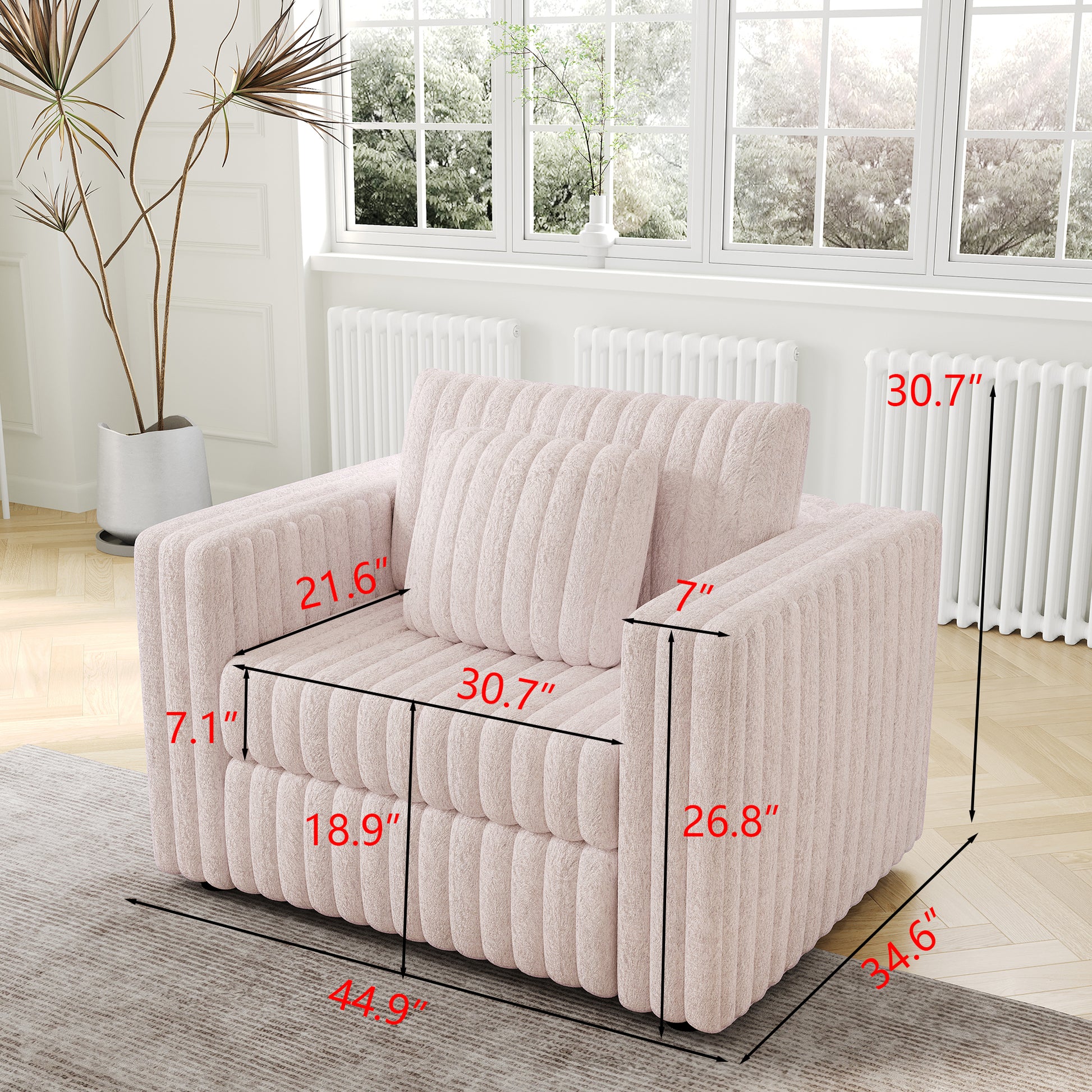 Soft pink corduroy accent chair with plush texture and vertical channeling