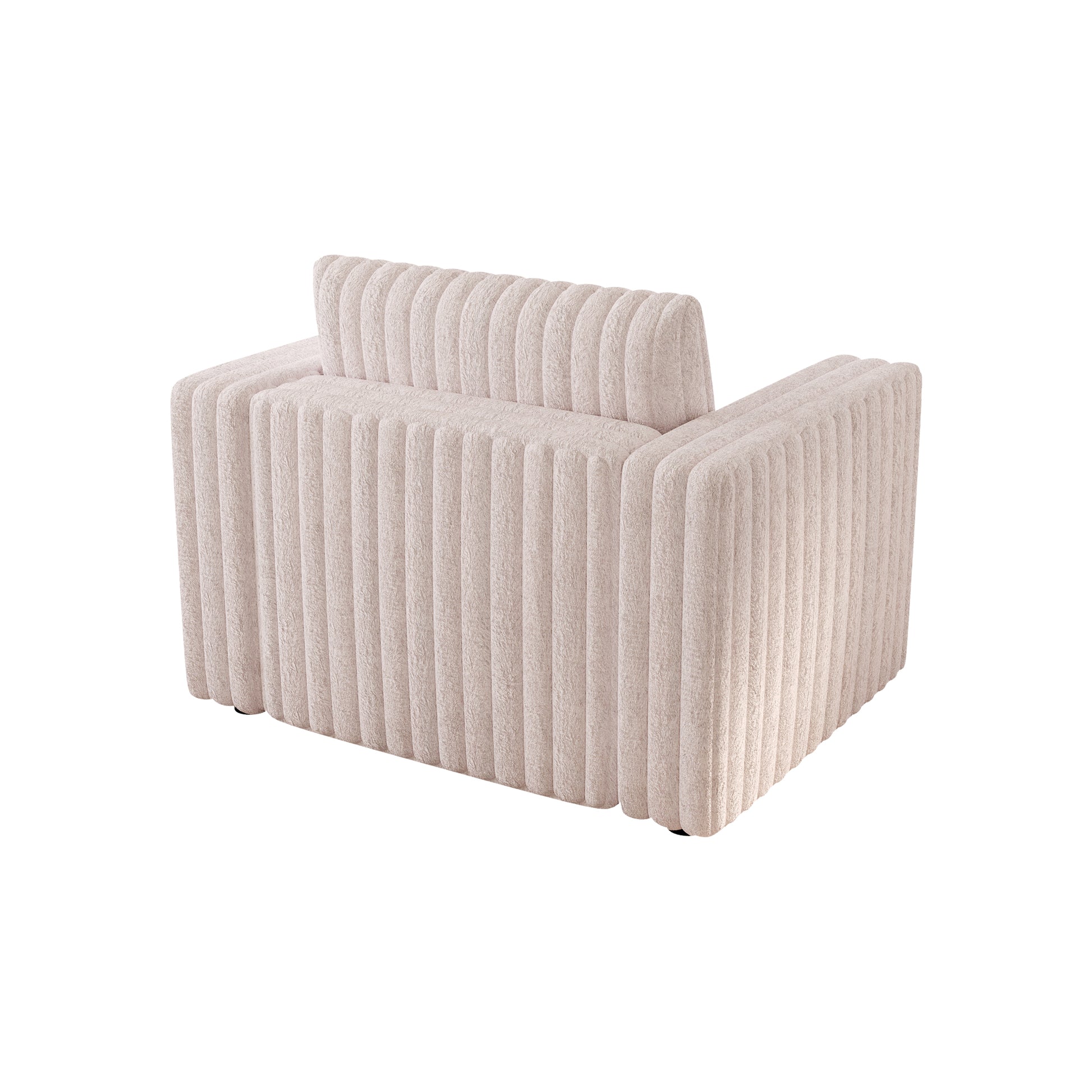 Plush beige upholstered accent chair with vertical channel tufting