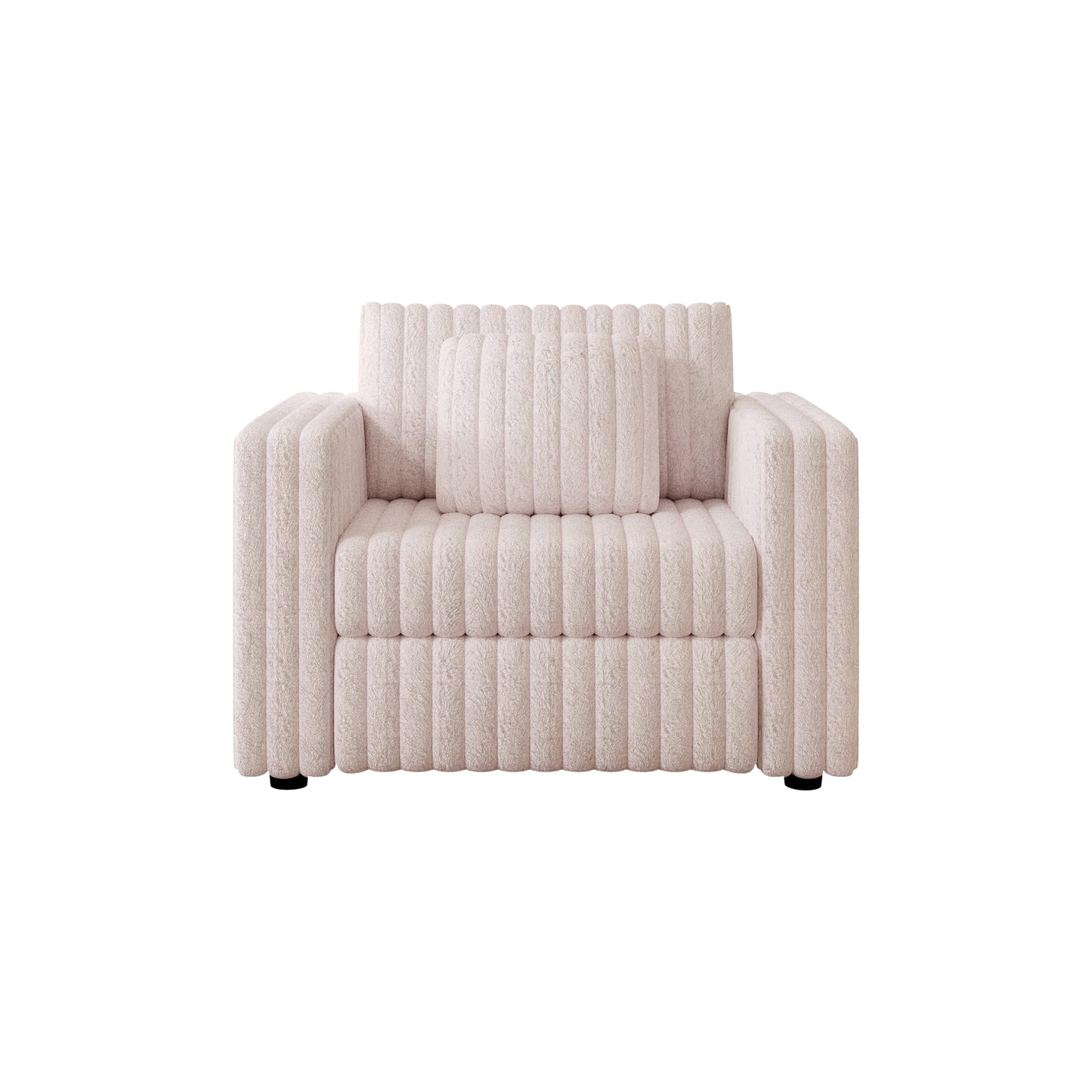 Plush beige armchair with vertical channel tufting and one matching cushion