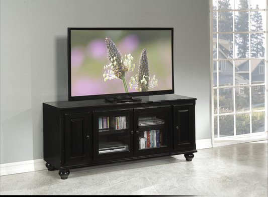 Classic black TV stand with glass doors and tiered shelving for media storage