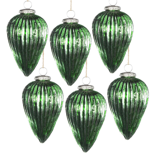Set of six vintagestyle green glass Christmas ornaments with ribbed texture