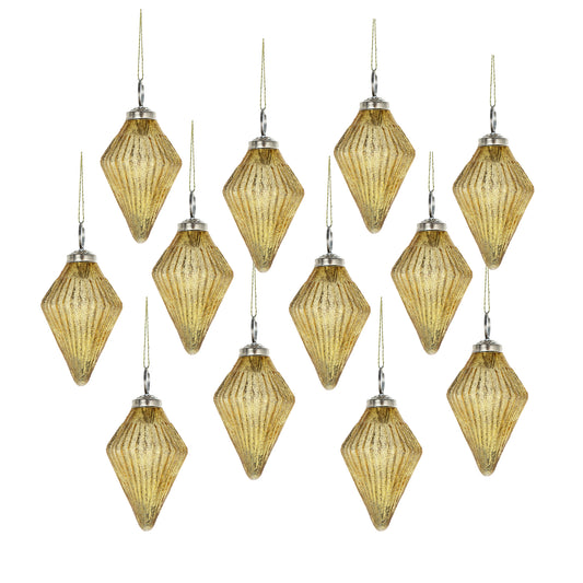 Set of  gold diamondshaped glass Christmas ornaments with ribbed texture