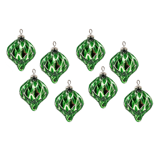 Set of  green glass teardrop Christmas ornaments with diamondcut texture  inches