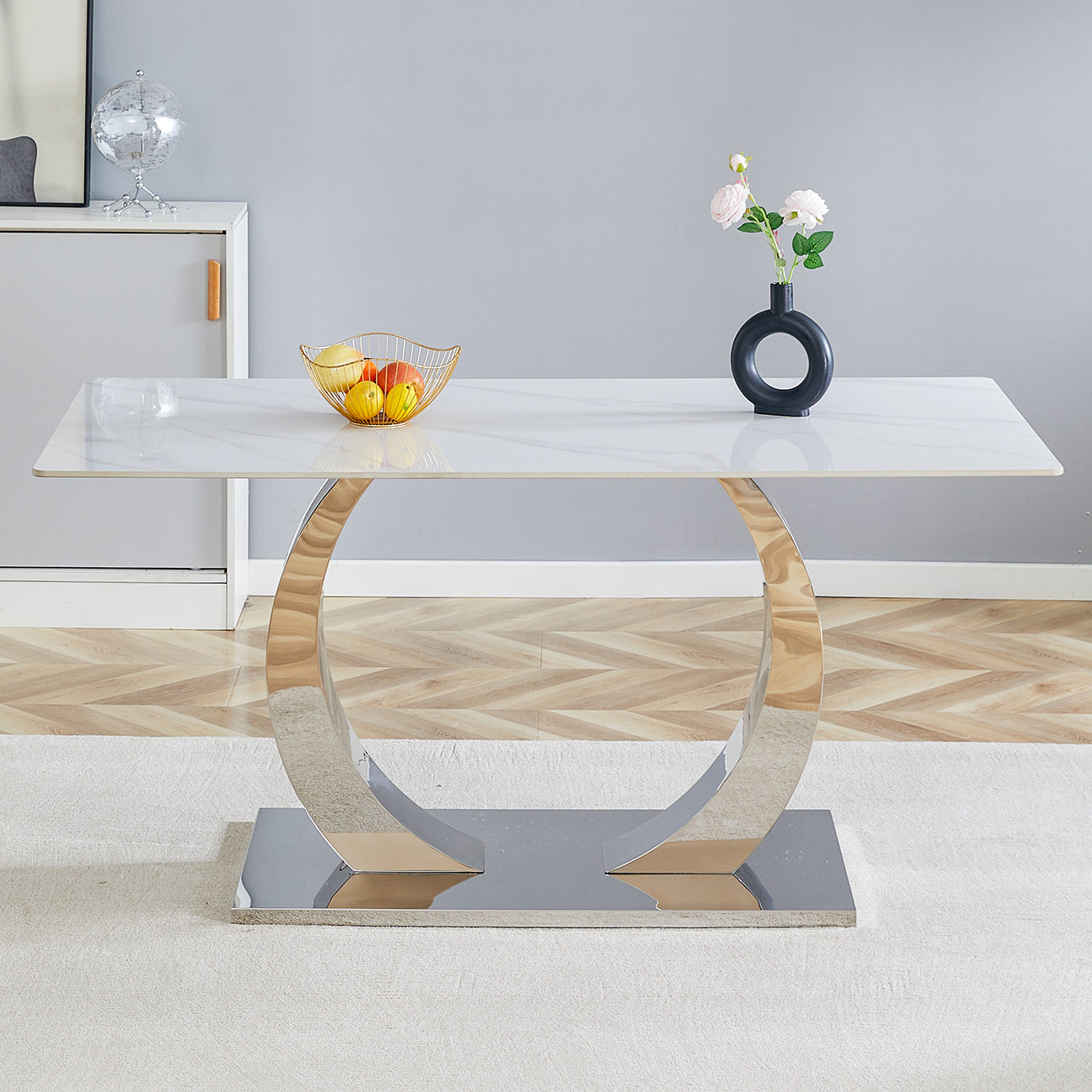 Modern white marble dining table with chrome curved pedestal base