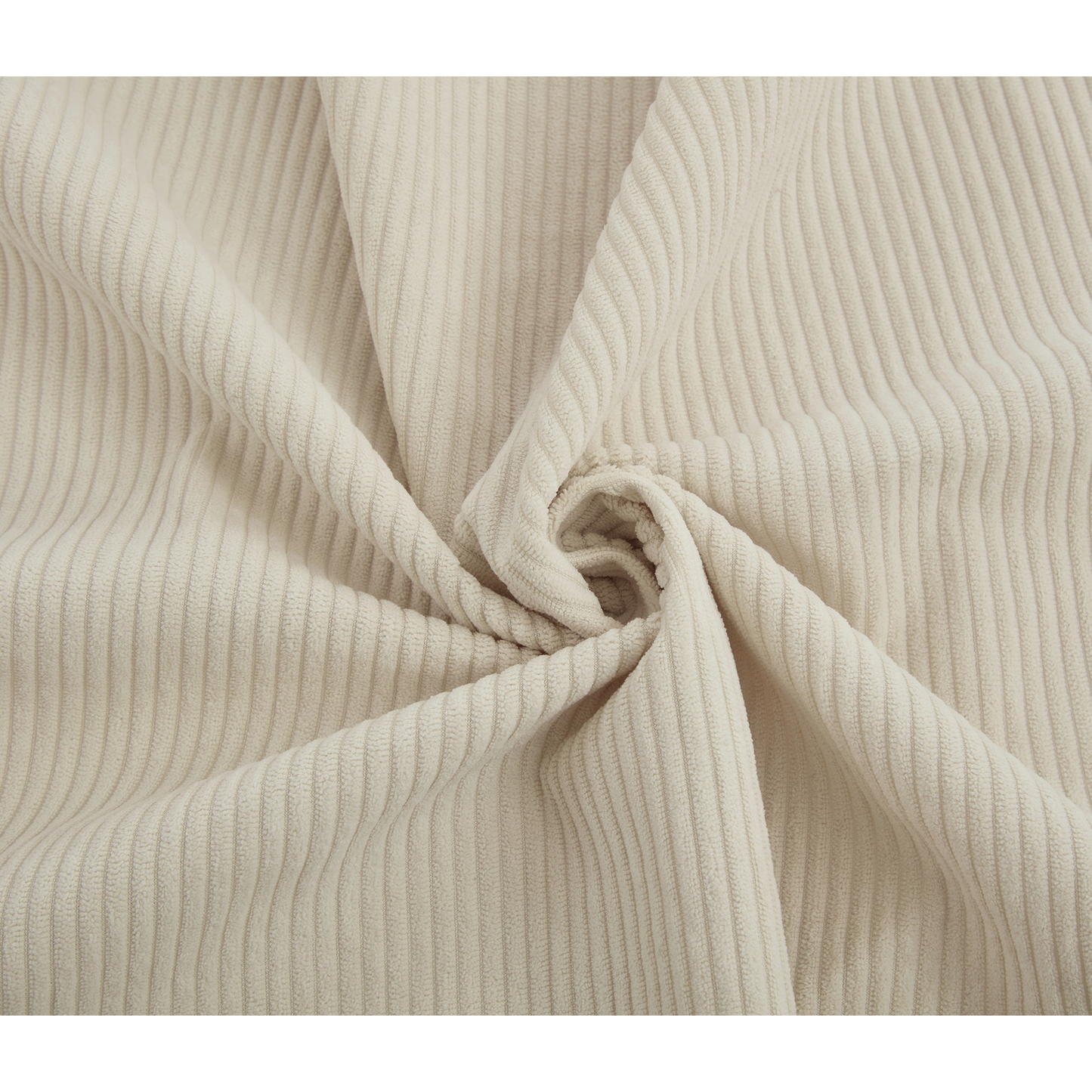 Cream corduroy fabric with visible vertical wales perfect for upholstery
