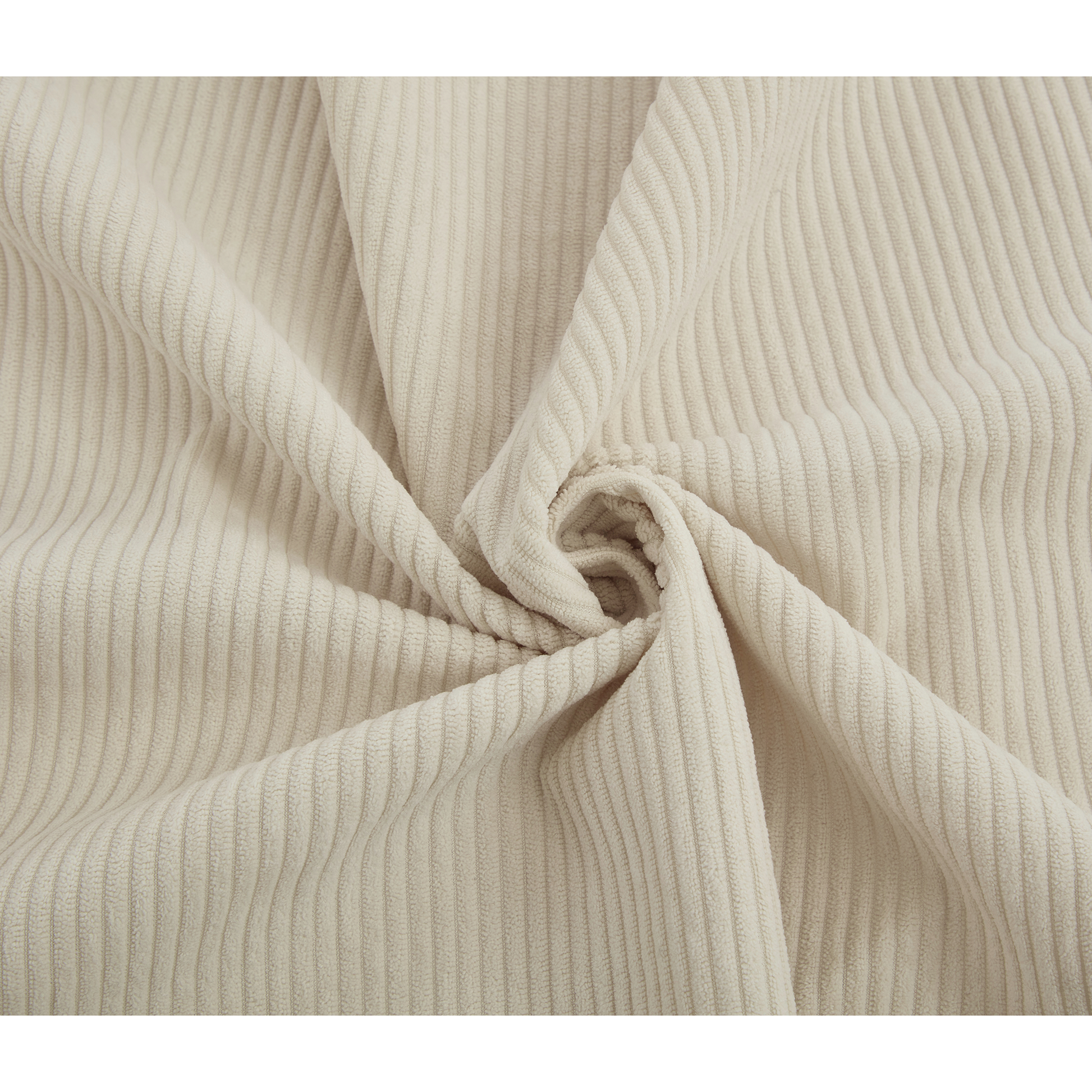 Cream corduroy fabric with visible vertical wales perfect for upholstery