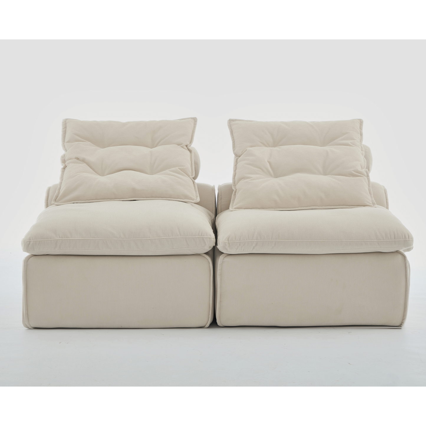 Plush ivory corduroy twoseater sofa with deep tufted back cushions for comfort