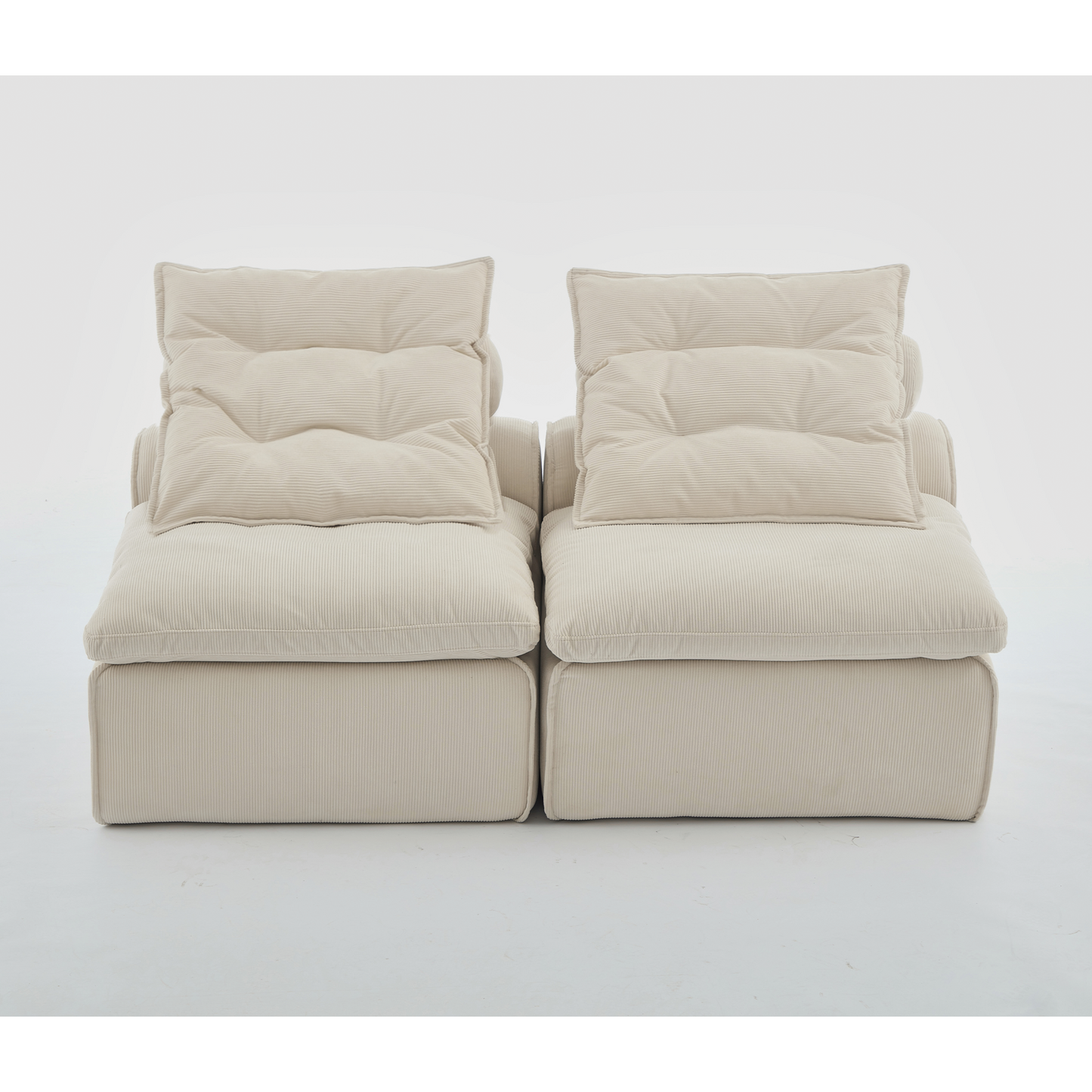 Plush beige corduroy modular armchair with deep seat and tufted back cushions